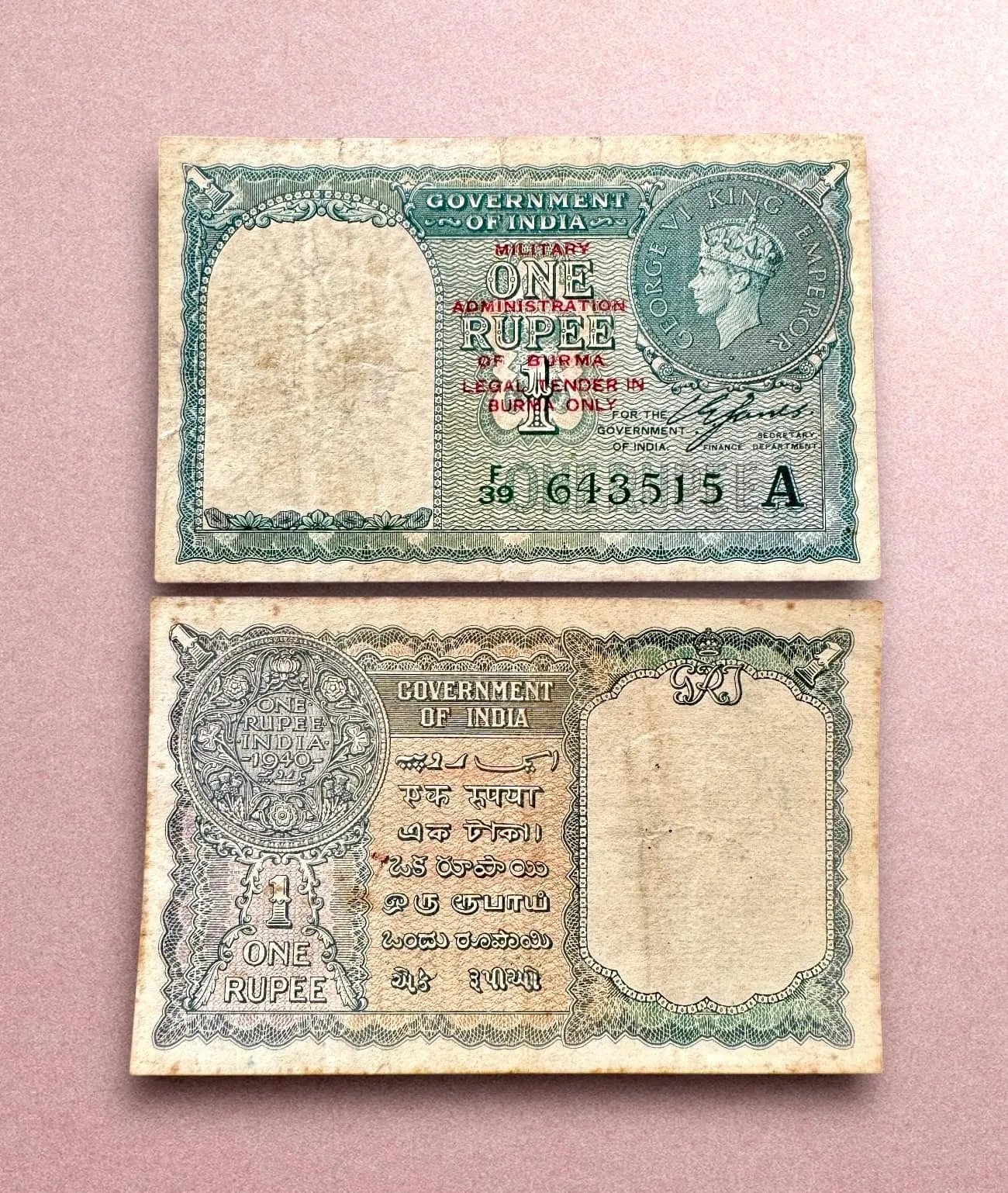 Re 1 British India Banknote 1940 Black Series King George VI ...