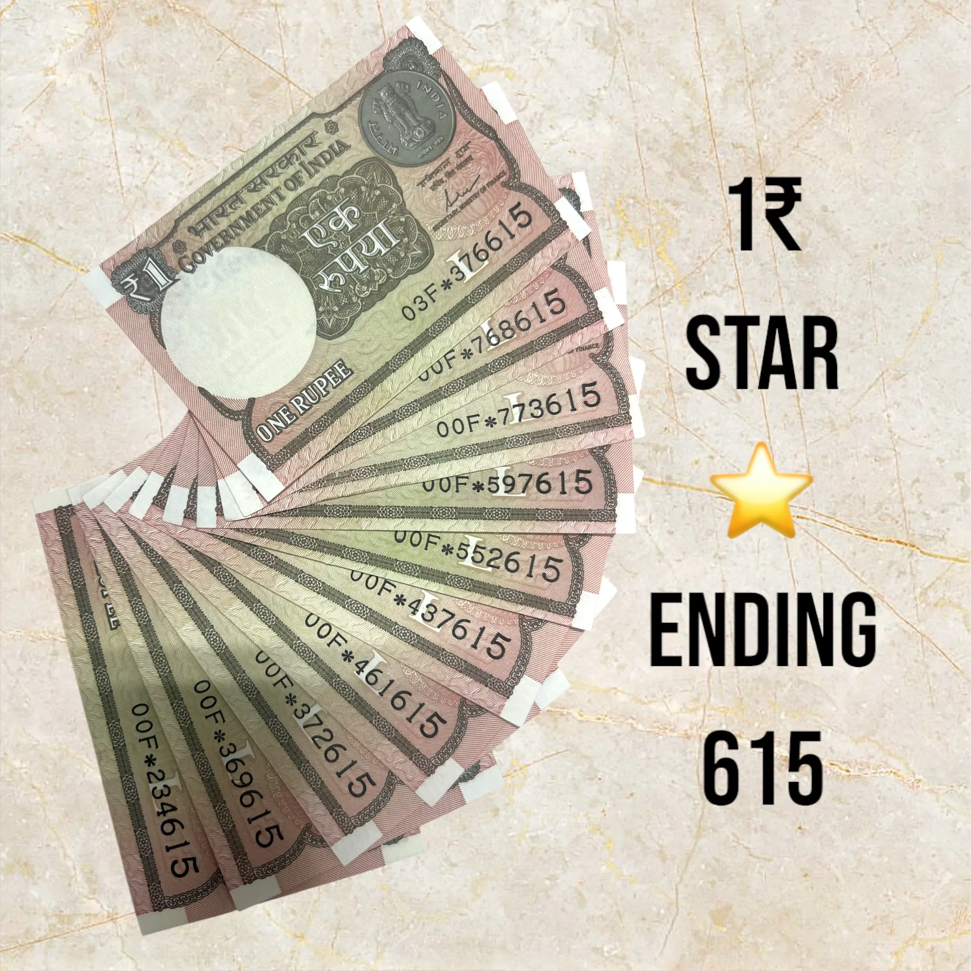 1₹ Star 10 Notes with Ending Number 615