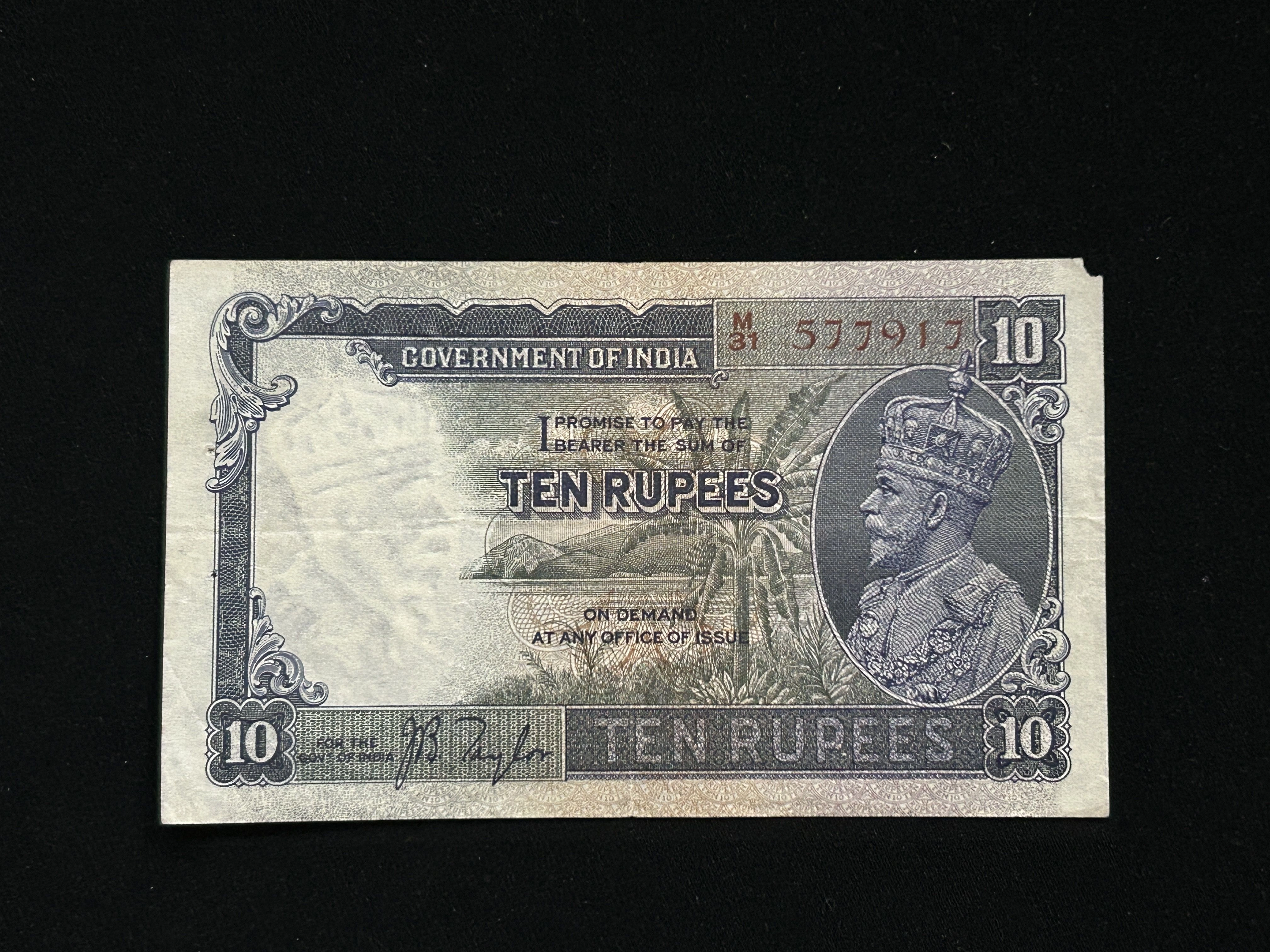 British India, Rupees 10 Banknote, King George V (KG V), Prefix (M31), Sign. J.B. Taylor