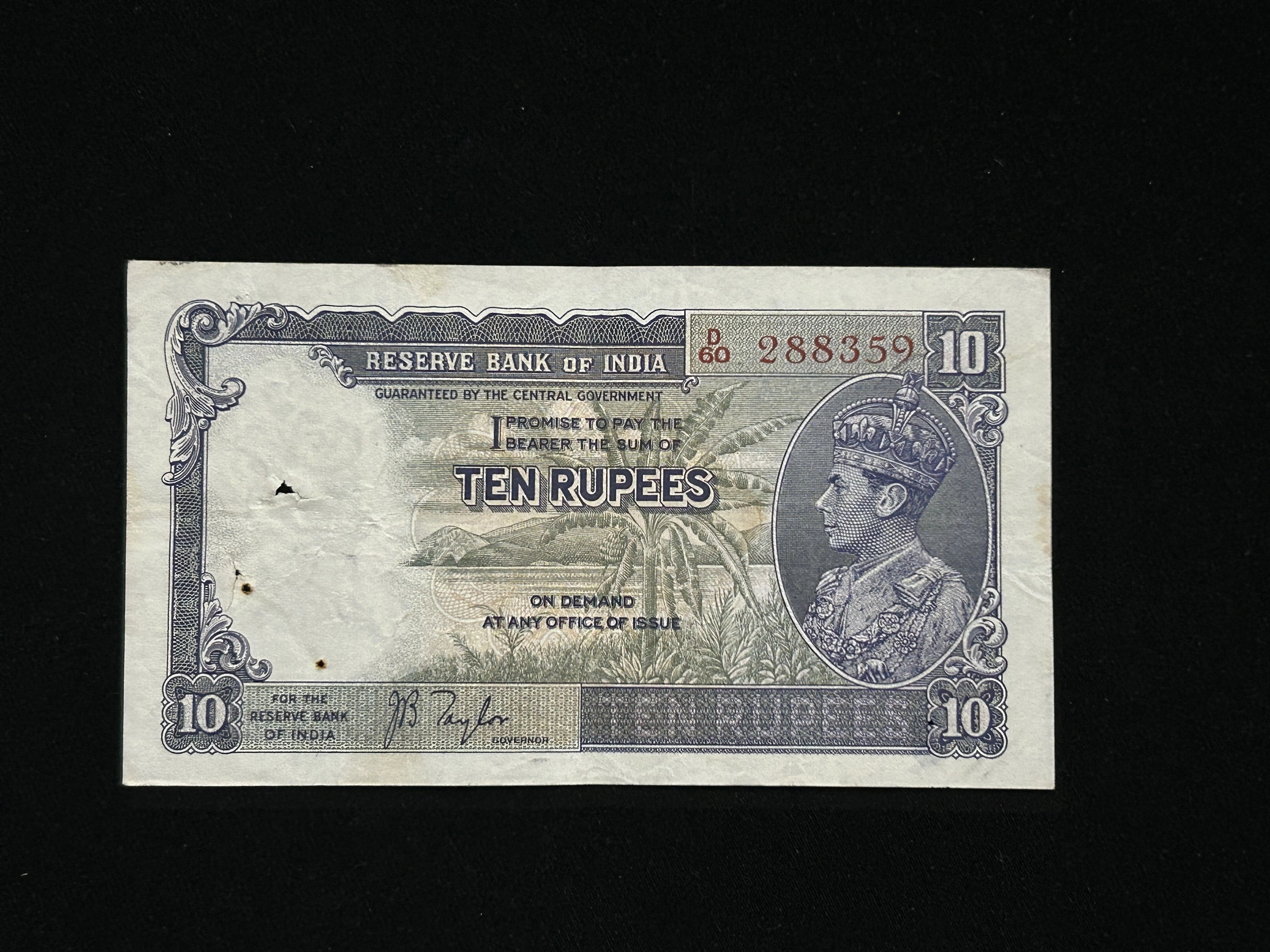 British India, Rupees 10 Banknote, King George VI (KG VI), Prefix (D60), Sign. J.B. Taylor