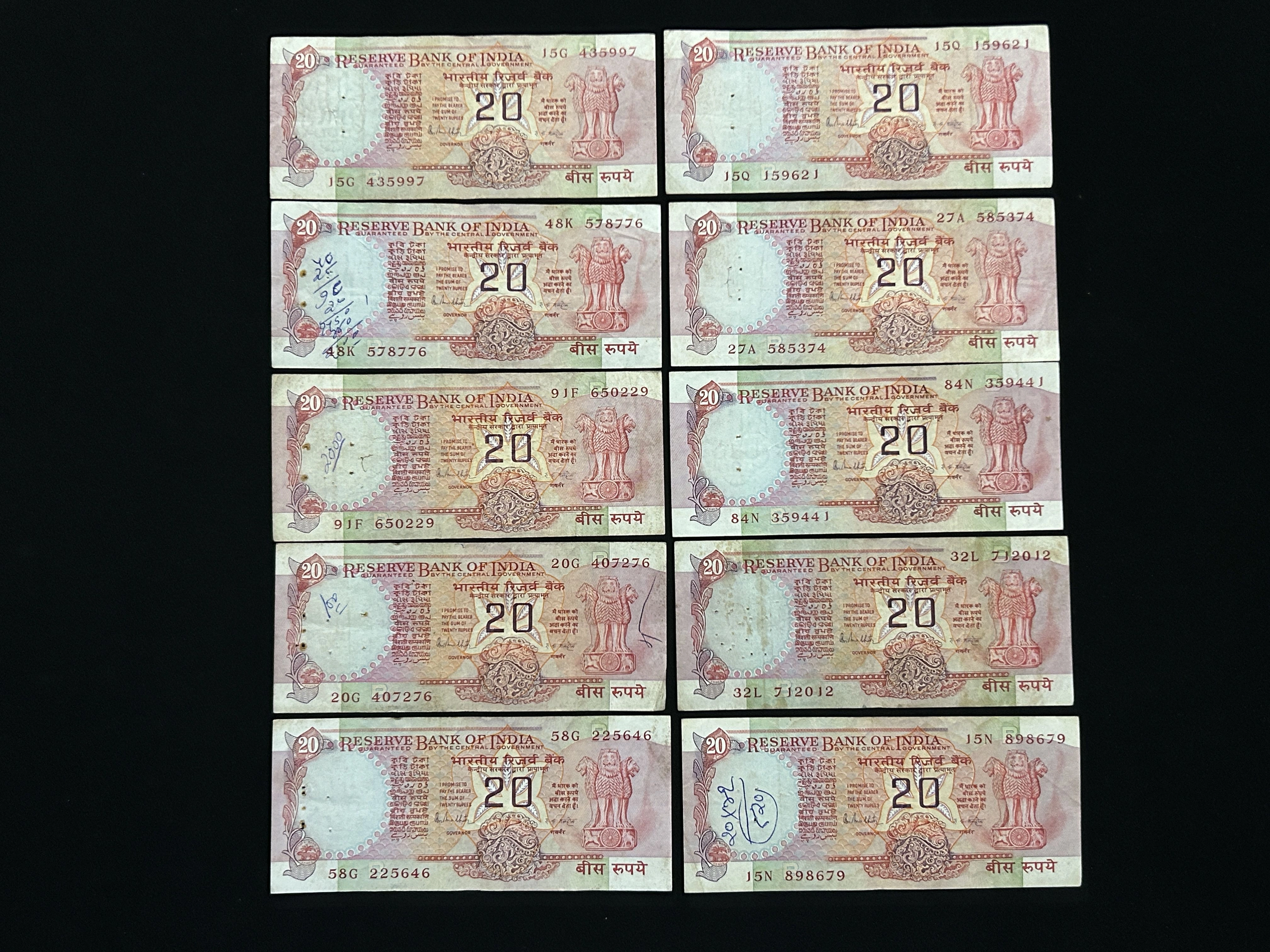 India, Rupees 20 x 10 Banknotes, Konark Wheel Issue, Sign. R.N. Malhotra, Inset B