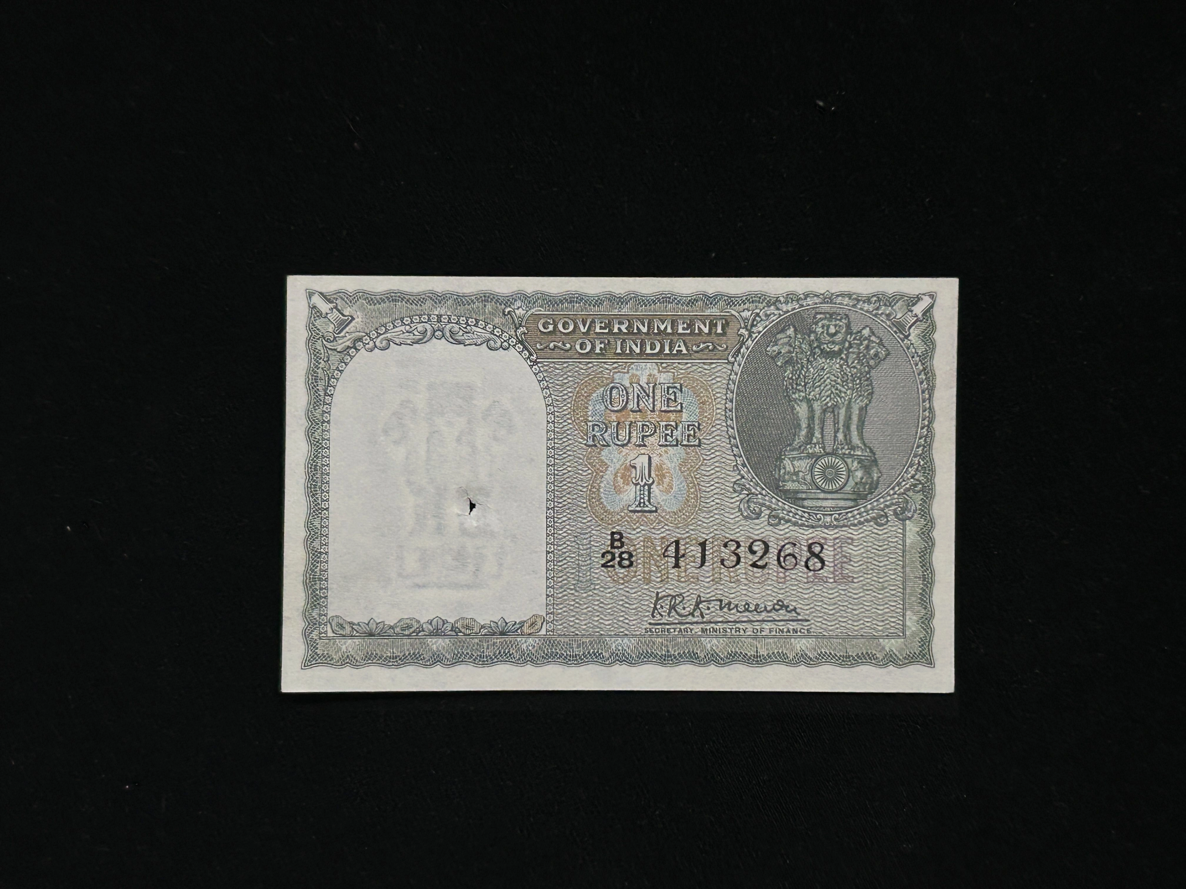 India, 1949 Rupee 1 Banknote, 1st Issue, Sign. K.R.K. Menon, UNC