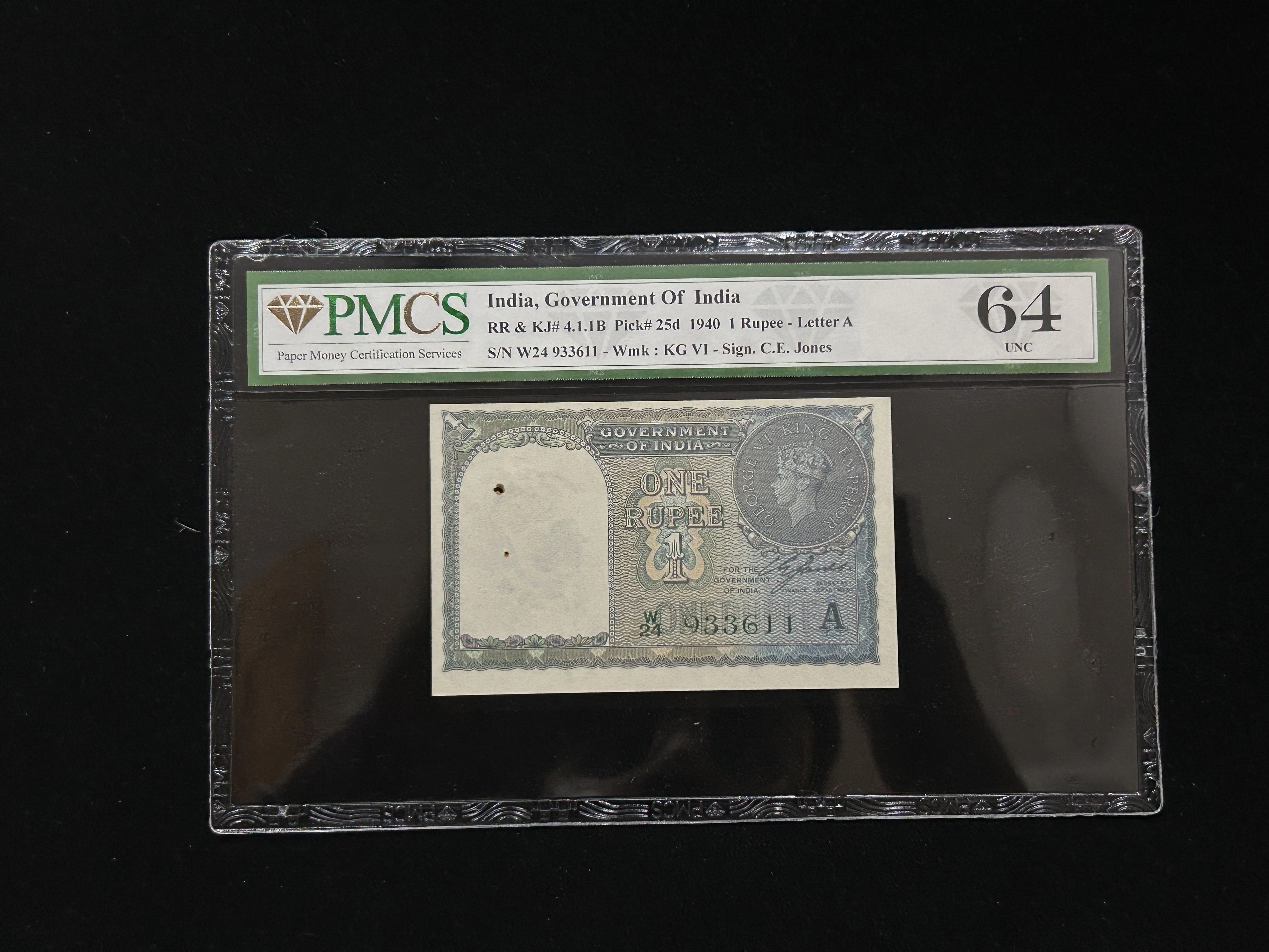 British India, 1940 Rupee 1 Banknote, King George VI (KG VI), Prefix (W24), Sign. C.E. Jones, PMCS Graded 64