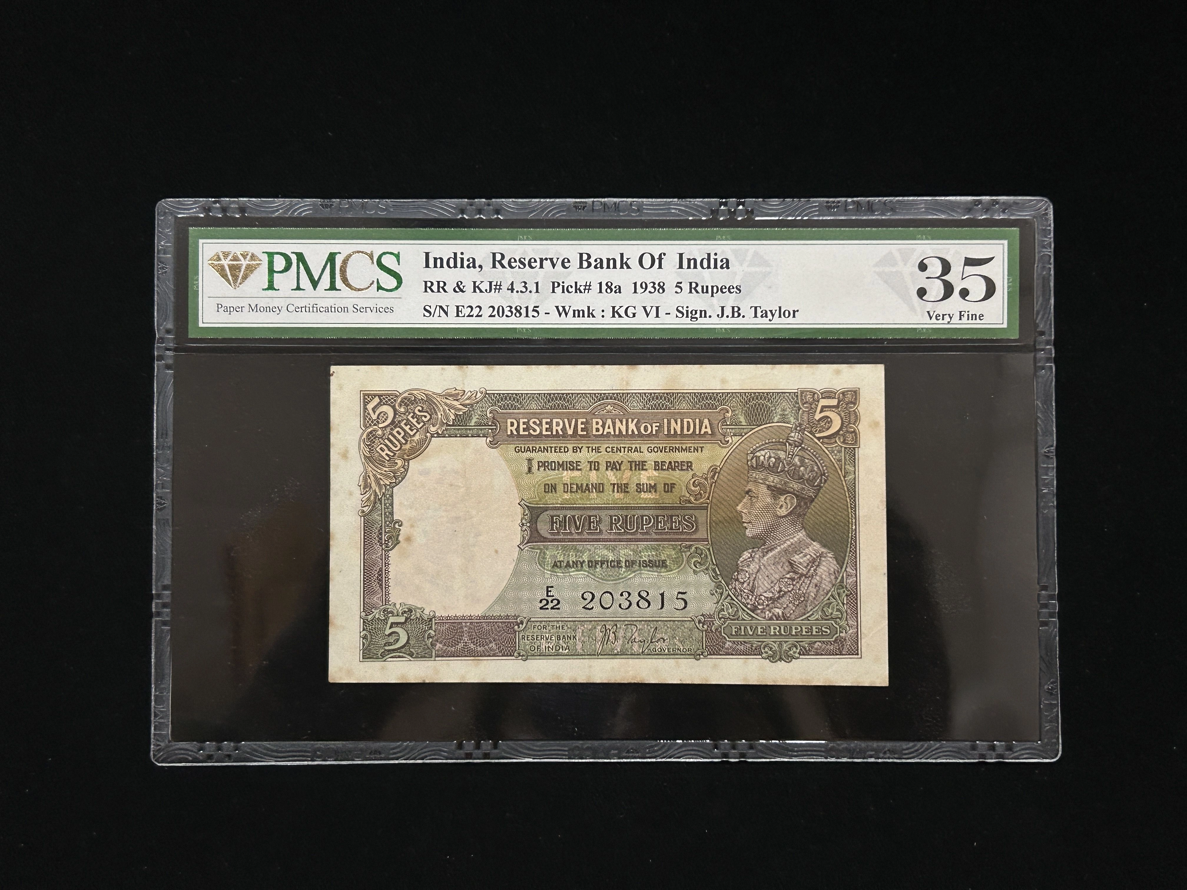 British India, 1938 Rupees 5 Banknote, King George VI (KG VI), Prefix (E22), Sign. J.B. Taylor, PMCS Graded 35, (F22 203815)