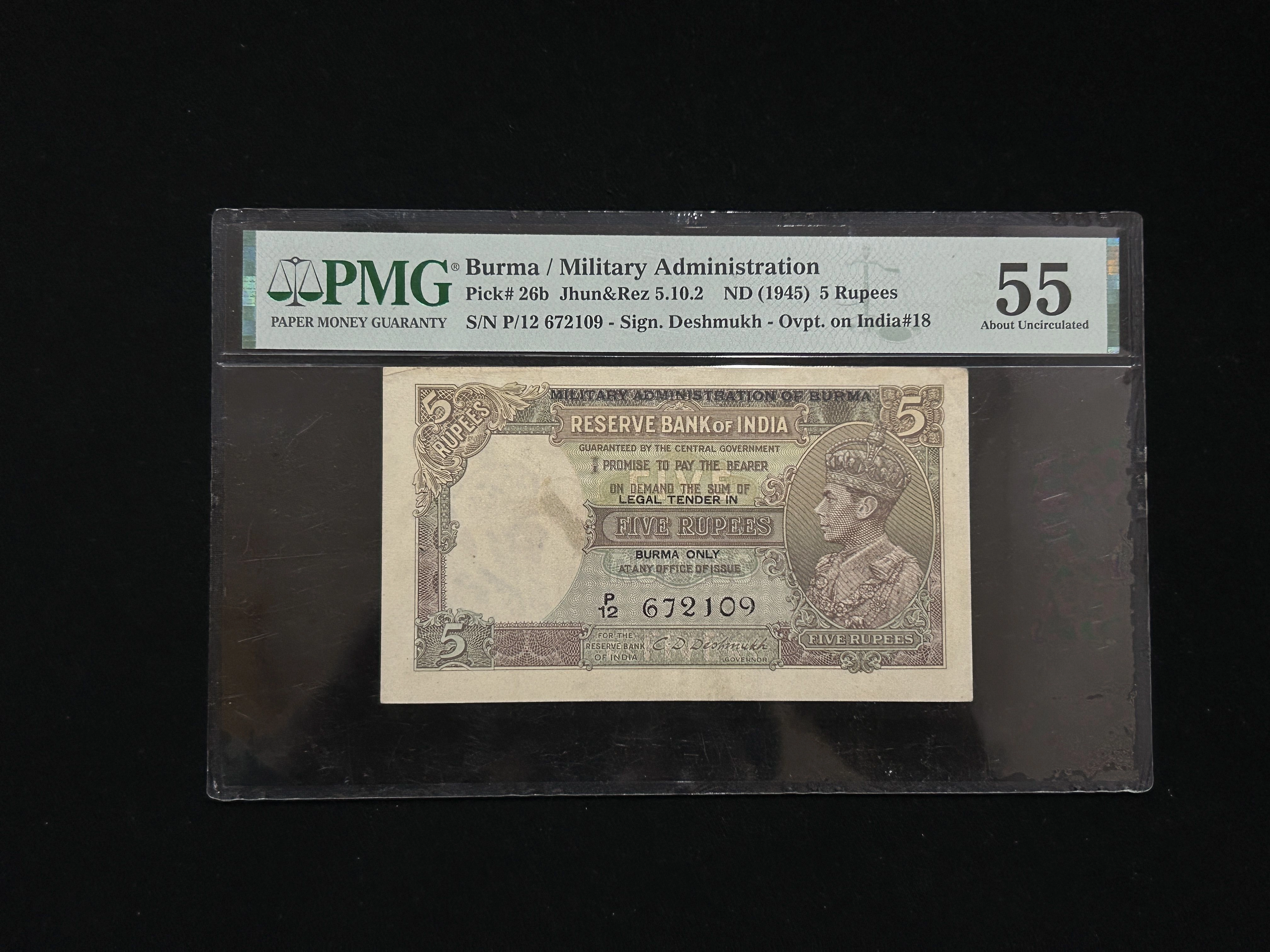 Burma Overprint on British India, Rupees 5 Banknote, King George VI (KG VI), Prefix (P12), Military Administration, Sign. J.B. Taylor, PMG Graded 55, (P12 672109)