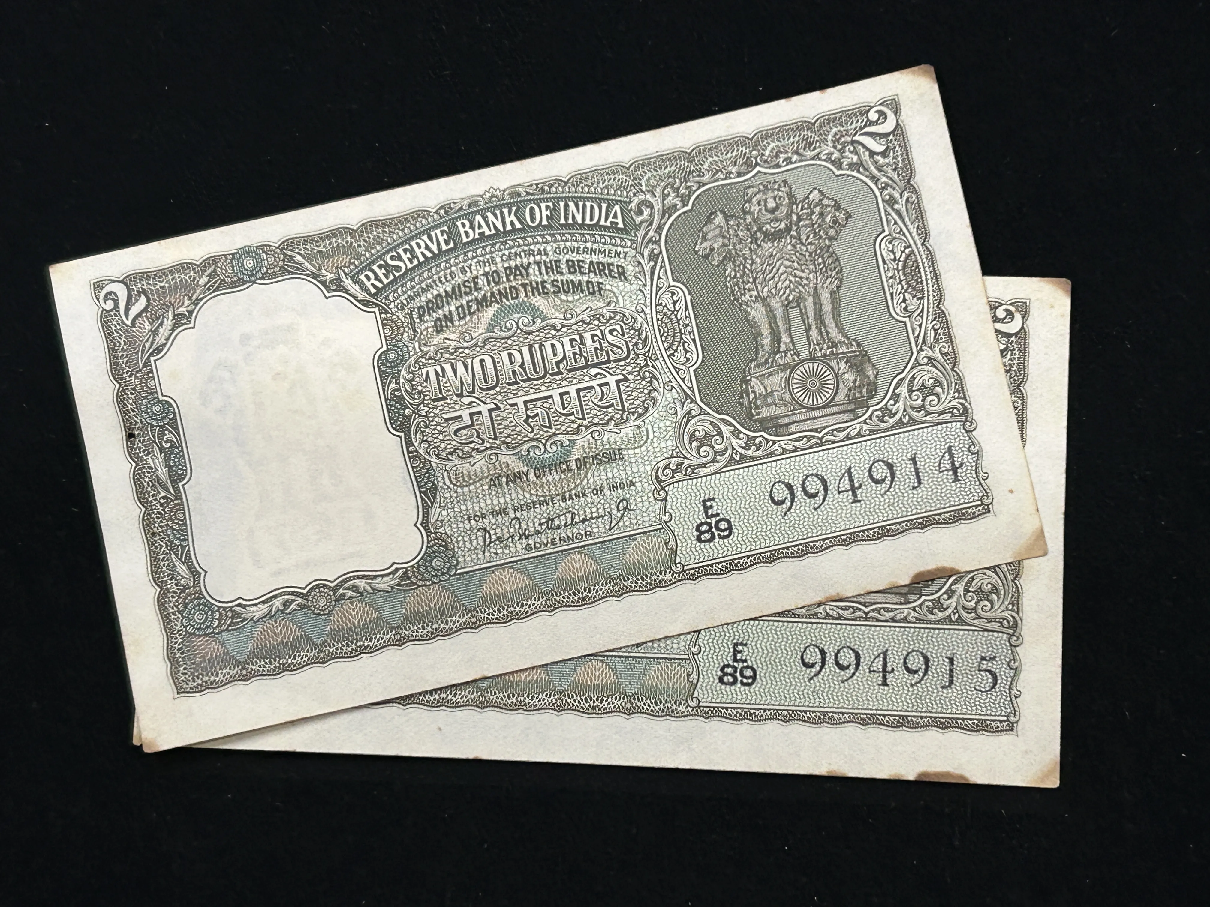 India, Rupees 2 x 2 Consecutive Serial Number Banknotes, Olive Green Issue, Sign. P.C. Bhattacharya, UNC, (E89 994914)