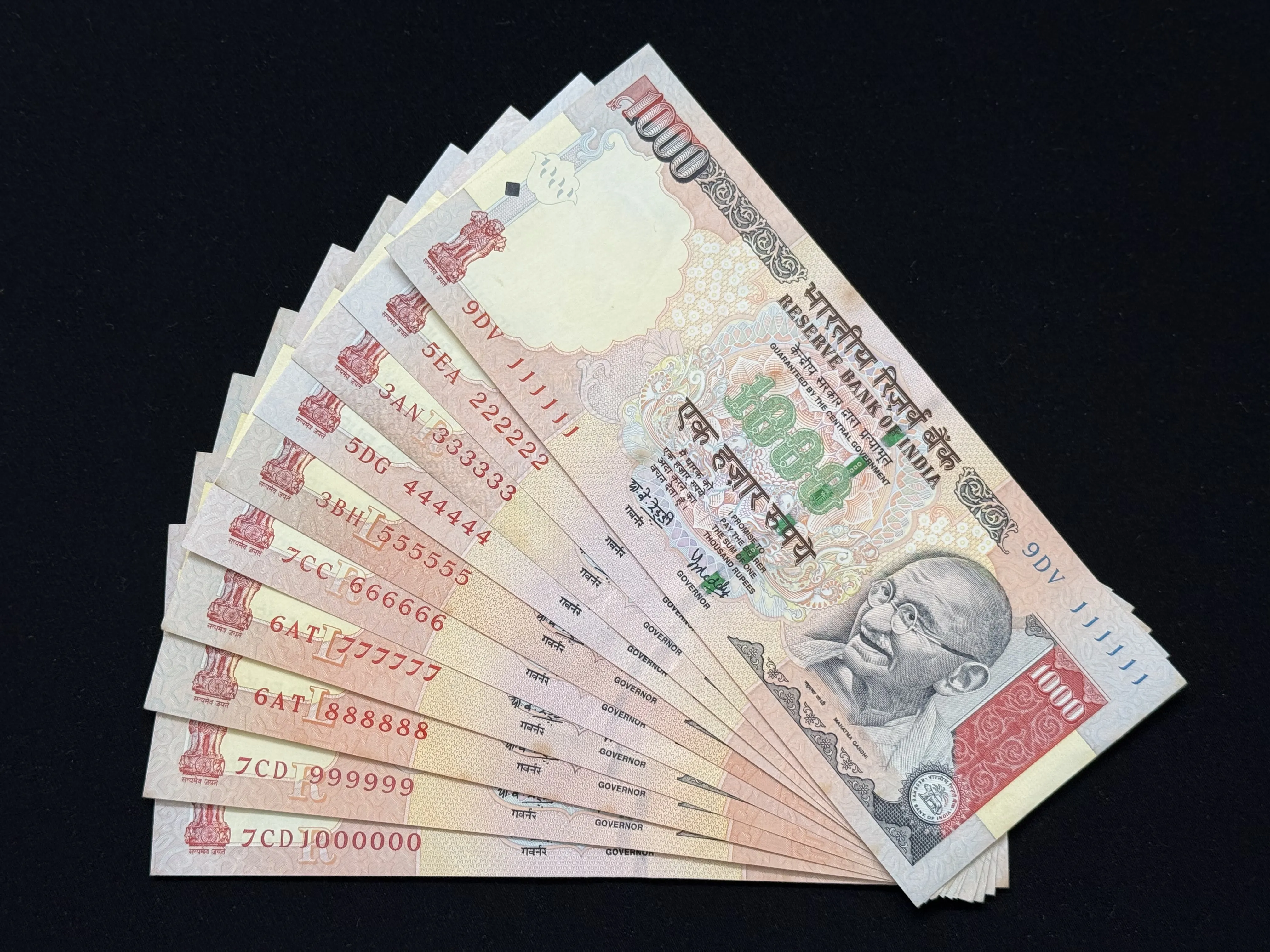 India, Rupees 1000 x 10 Banknotes, Set of Solid Fancy Serial Number 111111 - 999999 & 1000000 (1 Million), Sign. Y. V. Reddy, UNC, RARE, (9DV 111111)