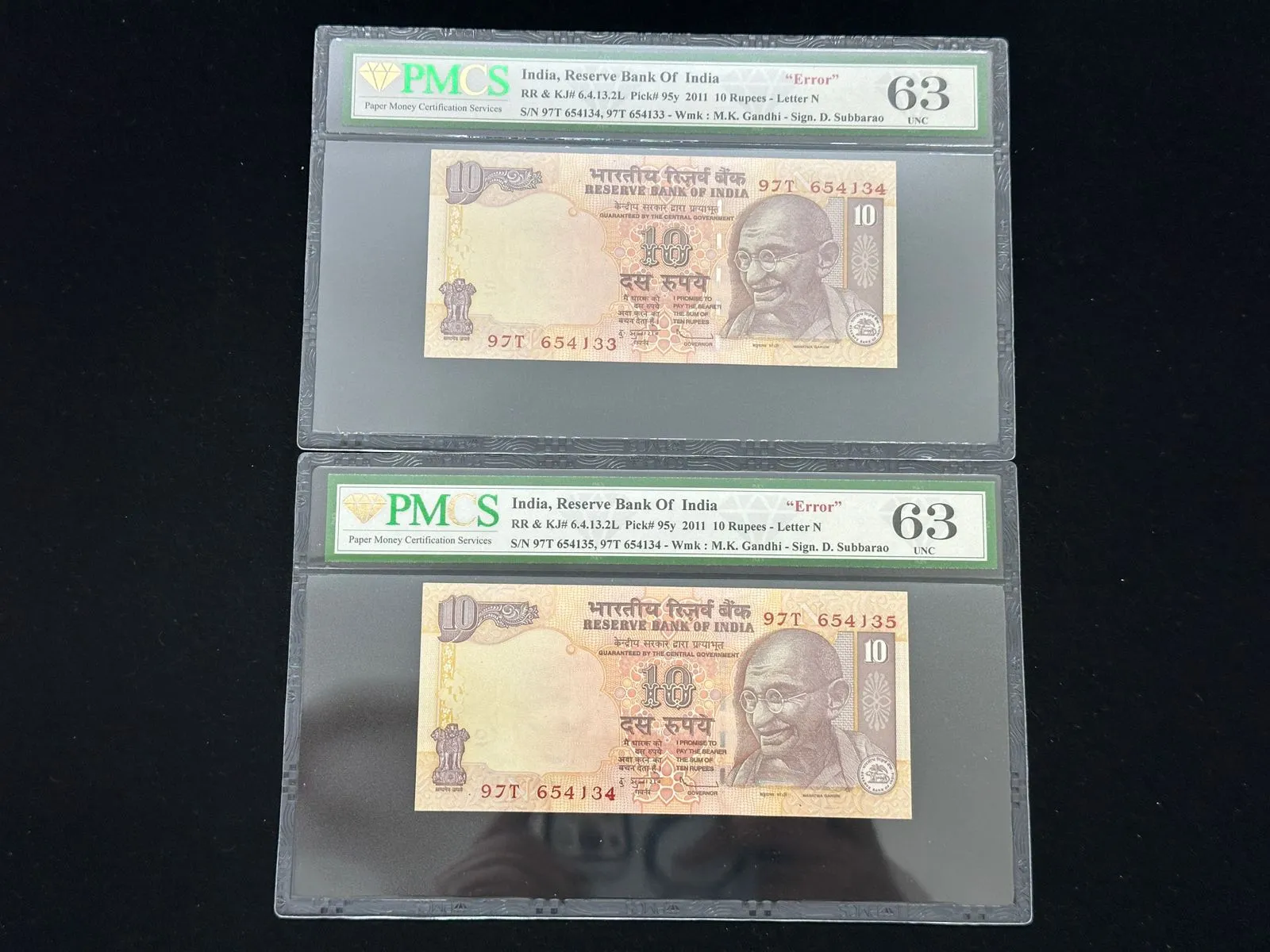 India, 2011 Rupees 10 x 2 Consecutive Serial Number, Mismatch Serial Number Printing Error on Both Notes, Sign. D. Subbarao, Inset N, PMCS Graded 63 UNC, (97T 654134)