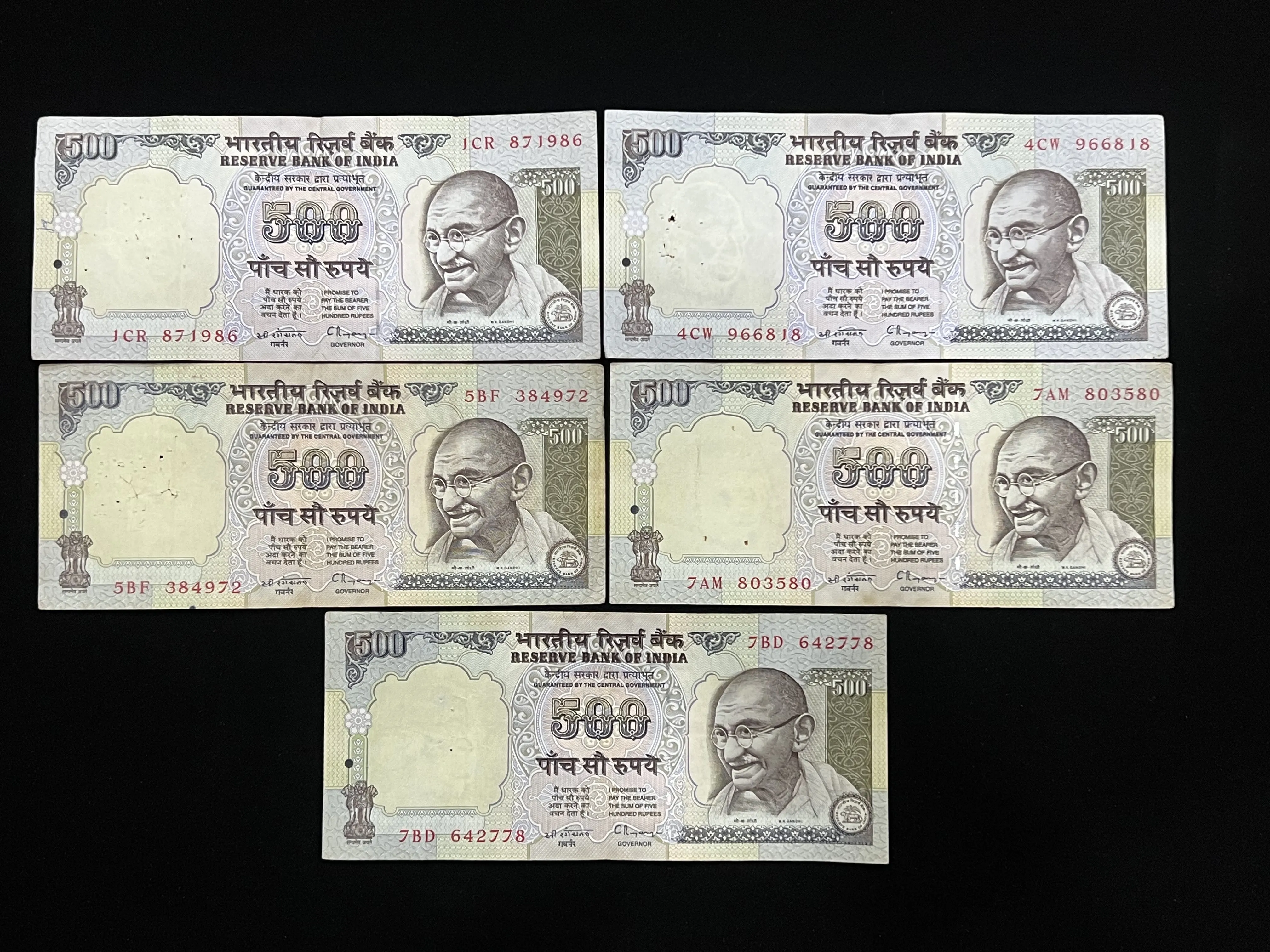 India, Rupees 500 x 5 Banknotes, Second Series (Blue) Issue, Sign. ​​​​​​​C. Rangarajan, Inset Plain, (1CR 871986)