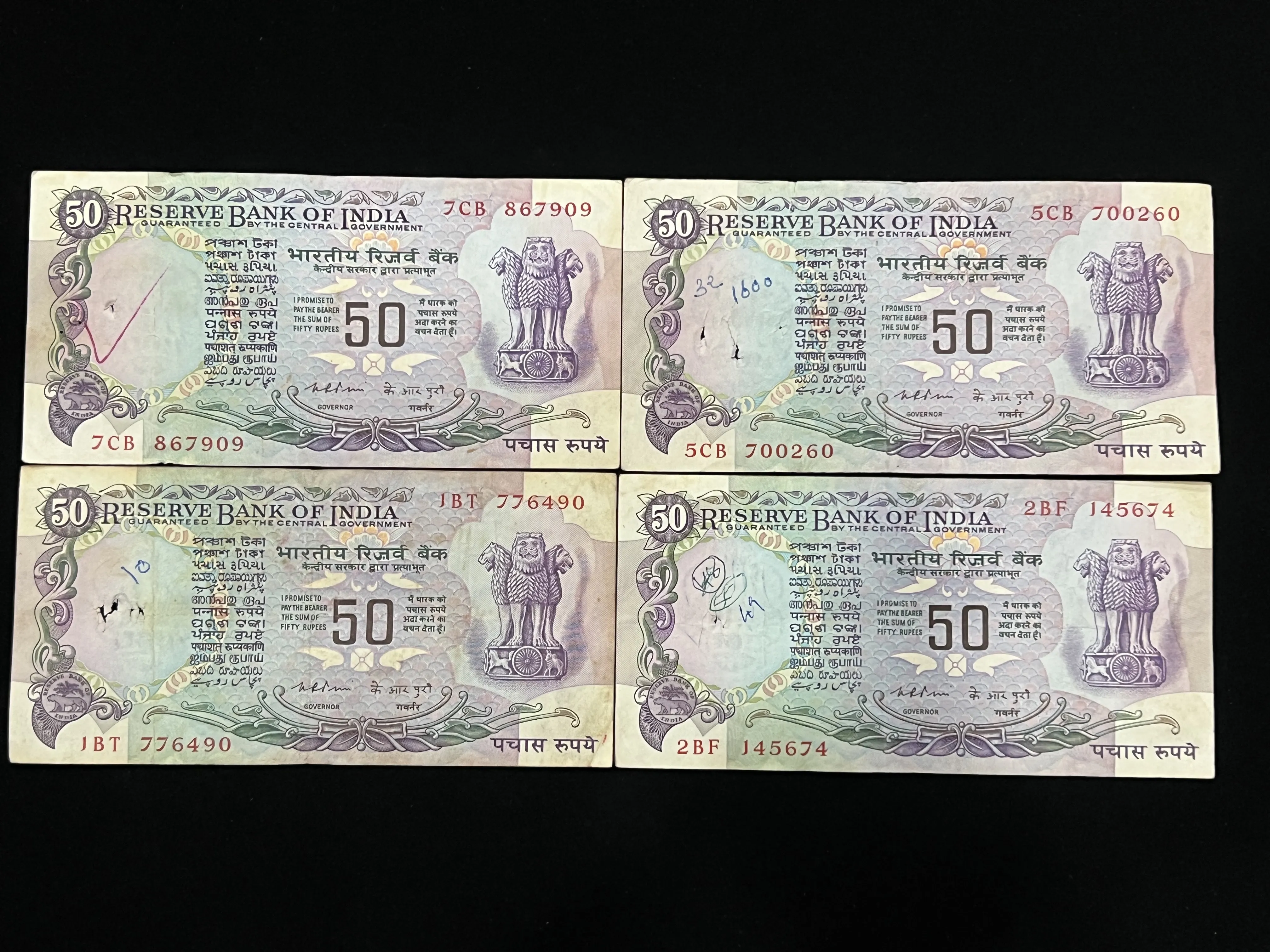 India, Rupees 50 x 4 Banknotes, 2nd Issue, Parliament Issue (Without Flag Issue), Sign. K.R. Puri, (7CB 867909)