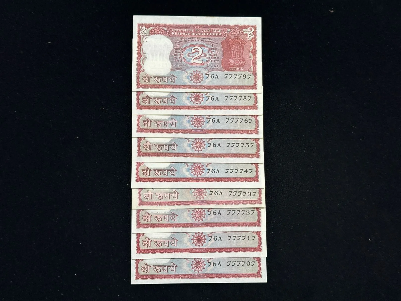 India, Rupees 2 x 9 Banknotes, Set of Fancy Serial Number 76A 777707 - 76A 777797 (76A 777777 Missing), Standing Tiger Issue, Sign. R. N. Malhotra, Inset B, RARE, UNC, (76A 777707)