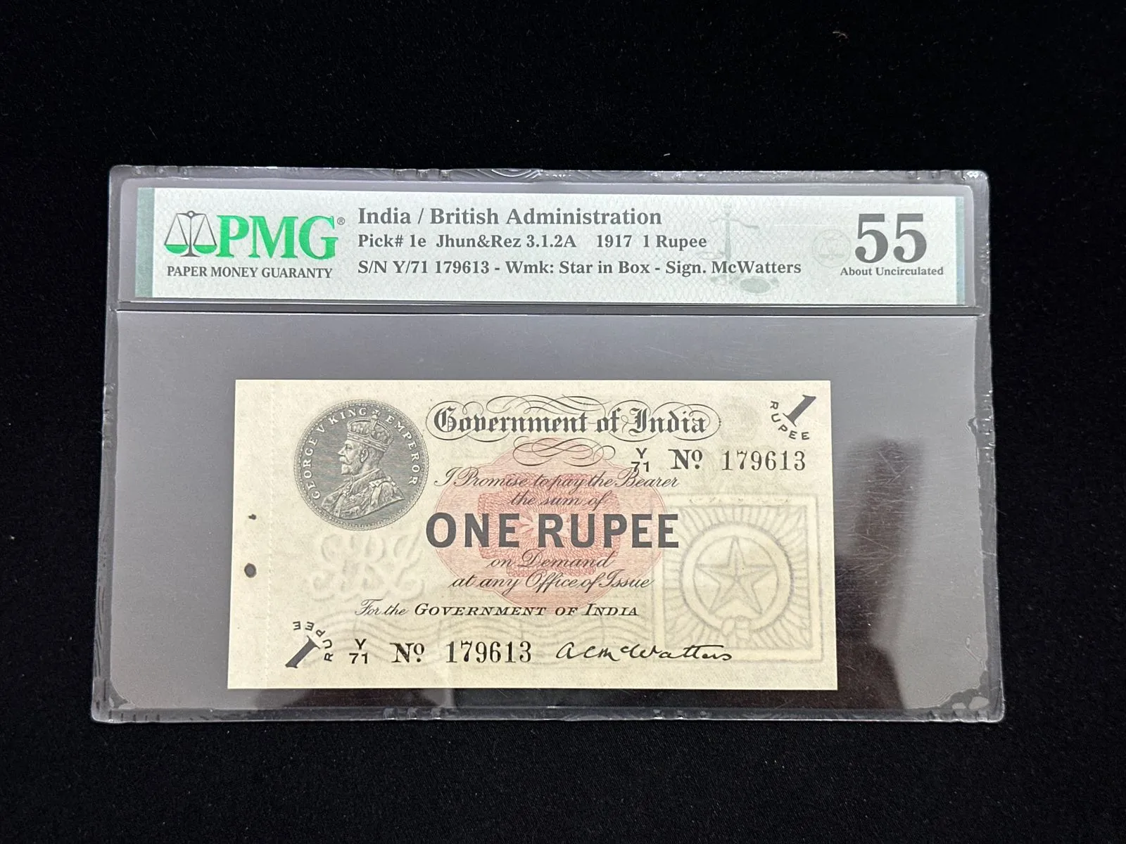 British India, 1917 Rupee 1 Banknote, King George V (KG V), Prefix (Y71), Sign. A.C. McWatters, PMG Graded 55 (AUNC), RARE & SCARE, (Y71 79613)