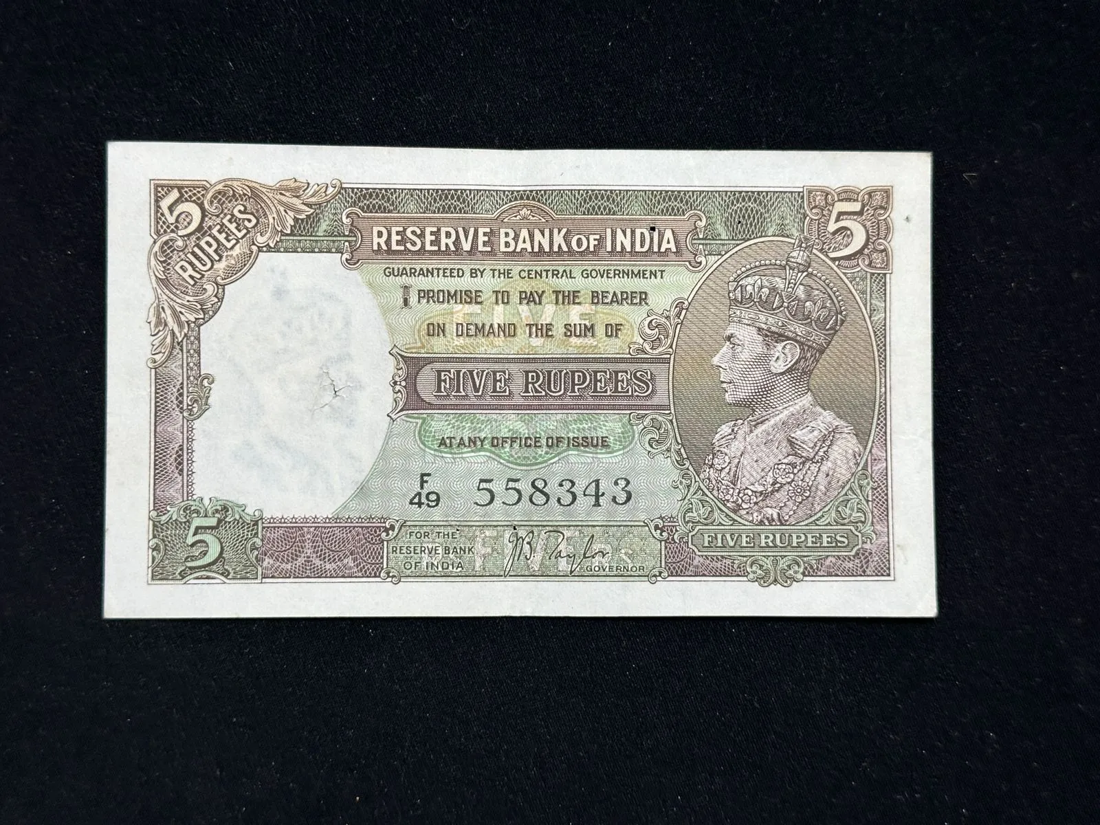 British India, 1938 Rupees 5 Banknote, King George VI (KG VI), Sign. J. B. Taylor, AUNC, (F49 558343)
