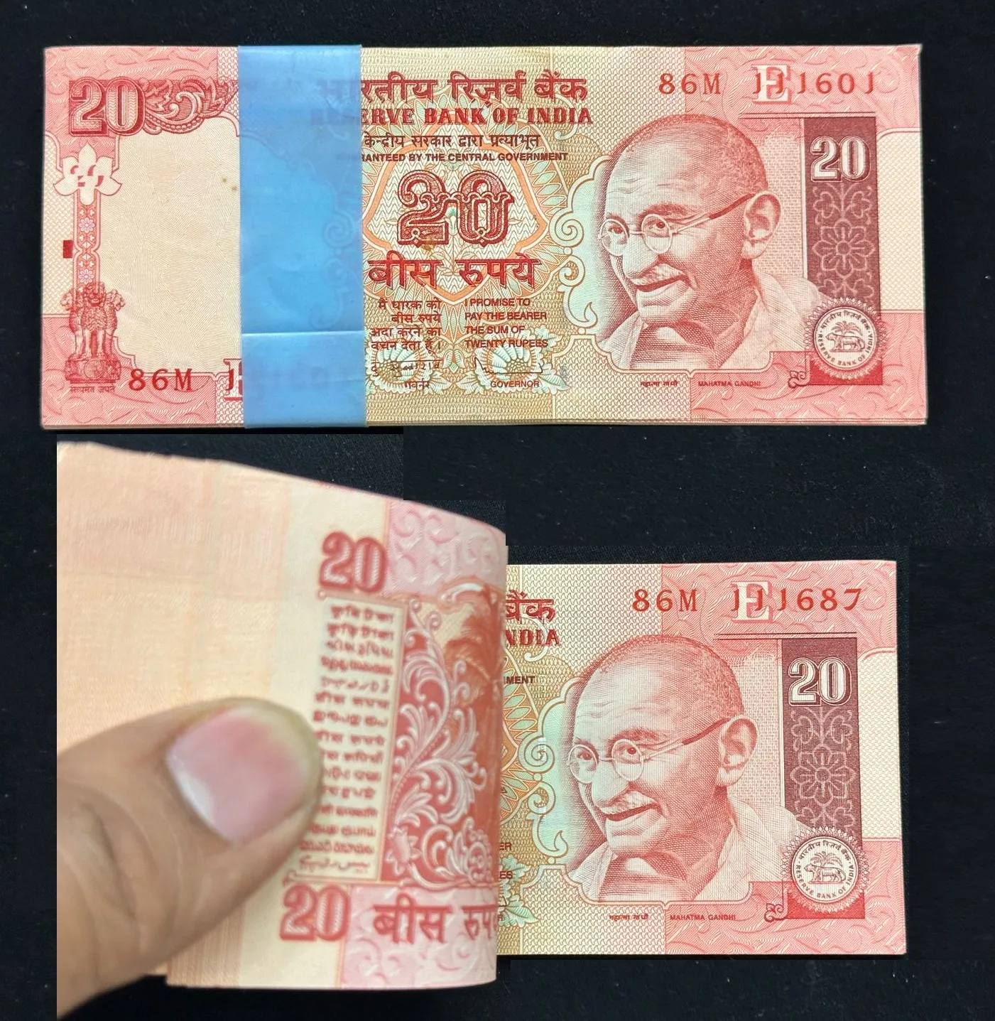 India, 2009 Rupees 20 Complete Serial Bundle of 100 Notes, Holy Fancy Serial Number 111-687 (Reverse 786), Sign. D. Subbarao, Inset E, UNC, (86M 111601)