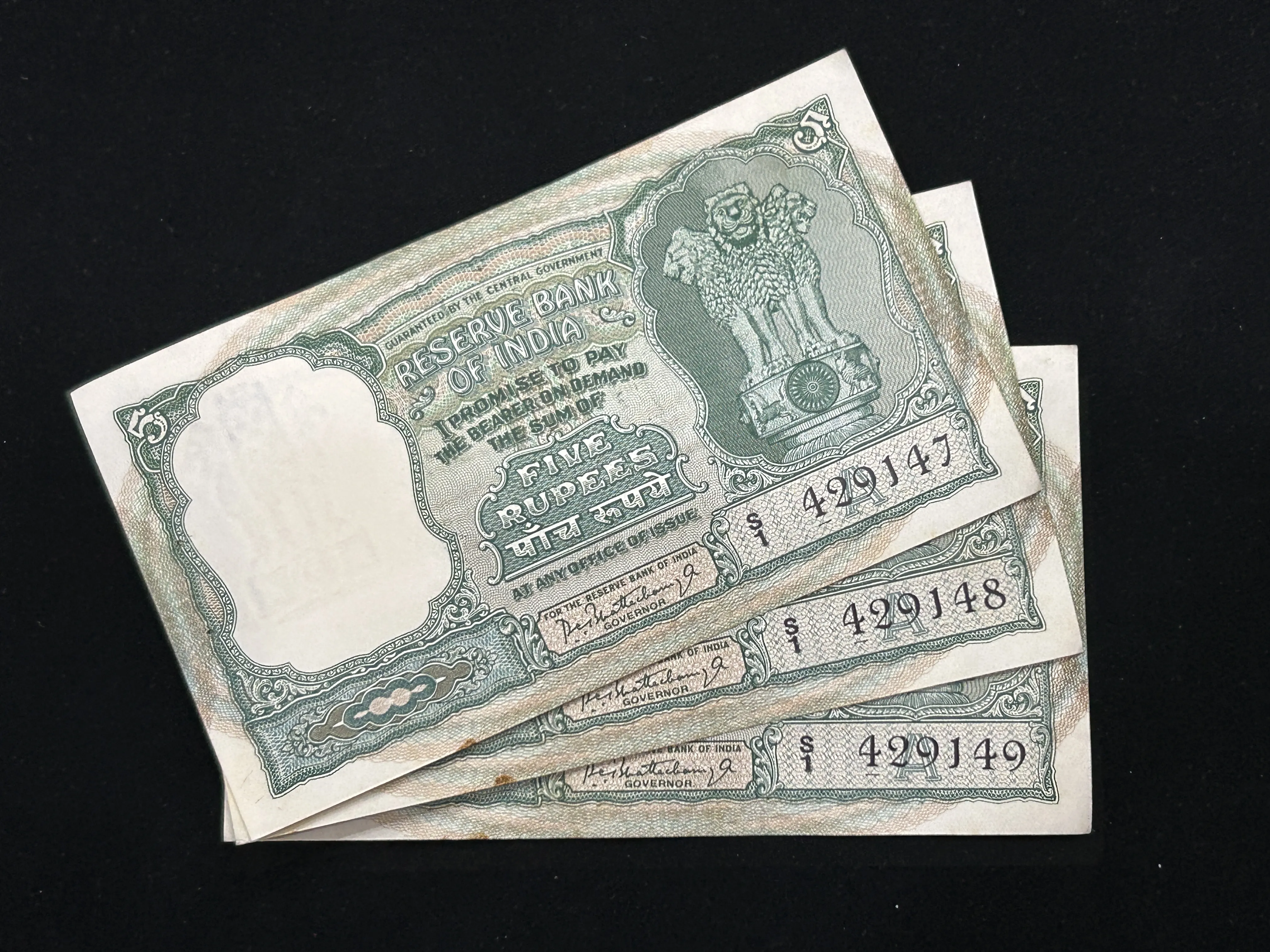 India, Rupees 5 x 3 Consecutive Serial Number Banknotes, 3 Deer Issue, Sign. P.C. Bhattacharya, Inset A, UNC, RARE, (S1 429147)