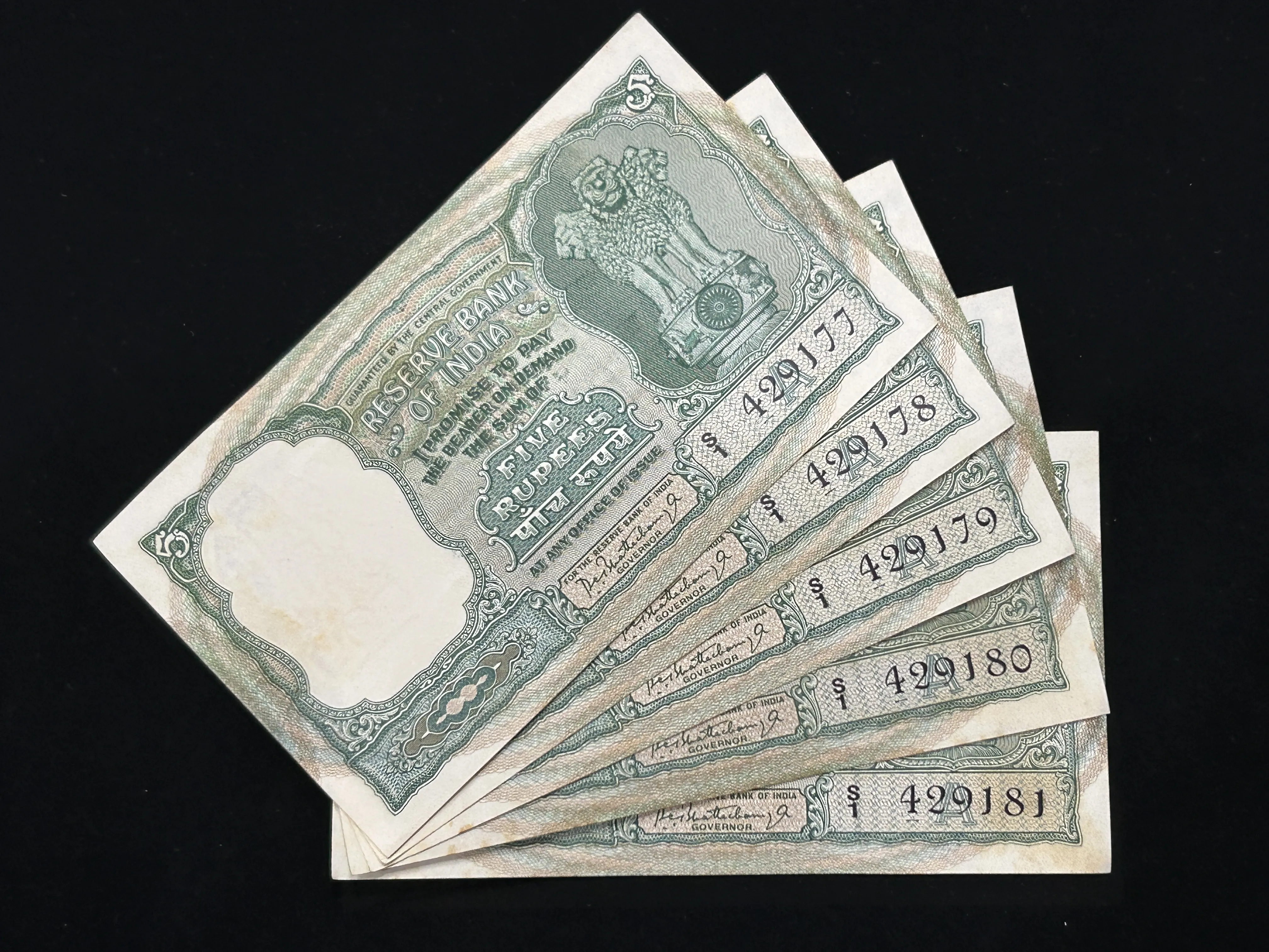 India, Rupees 5 x 5 Consecutive Serial Number Banknotes, 3 Deer Issue, Sign. P.C. Bhattacharya, Inset A, UNC, RARE, (S1 429177)