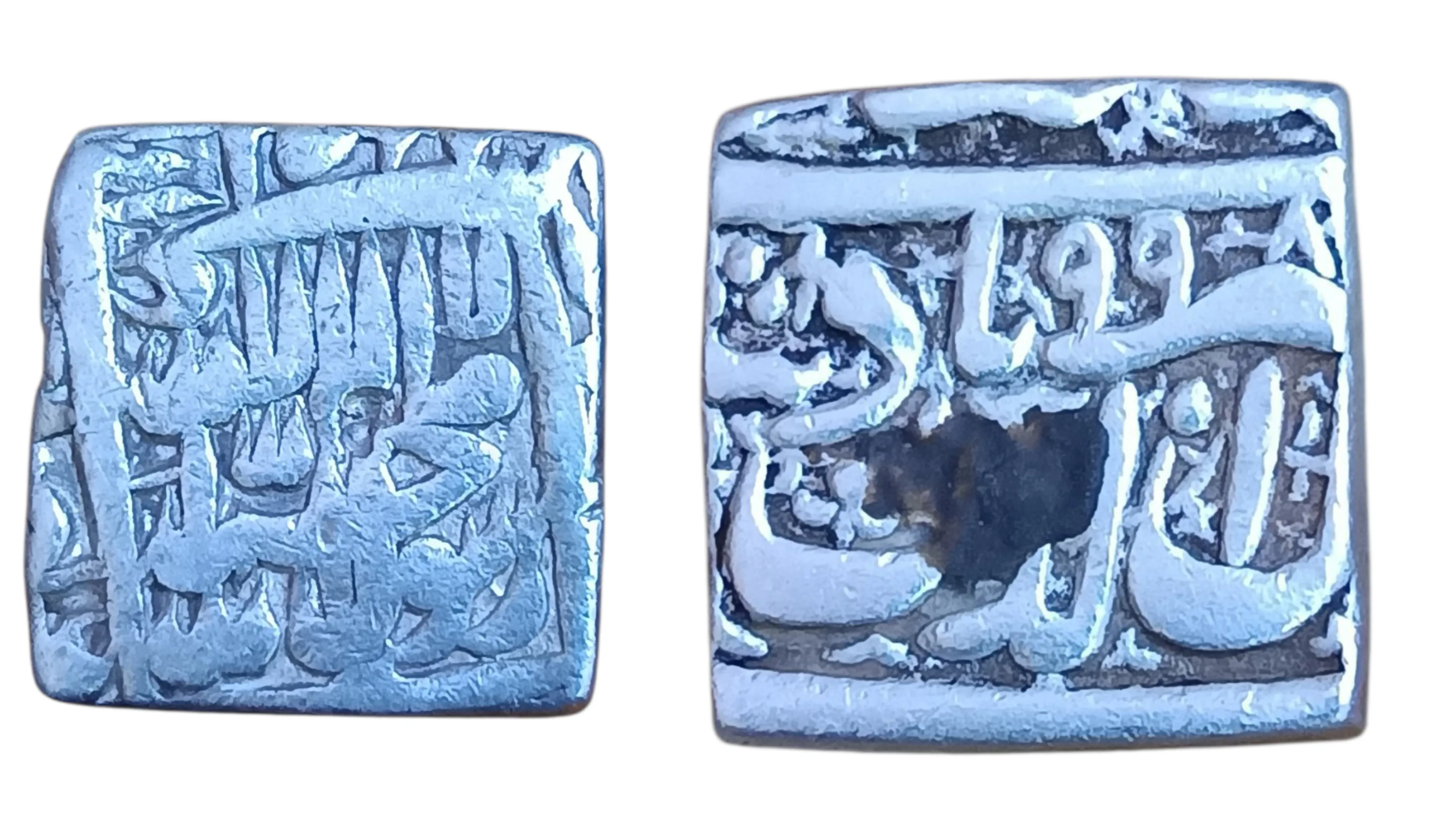 Rare Pair of Mughal Silver Square Rupees – Emperor Akbar, Ahmedabad Mint (2 Coins)