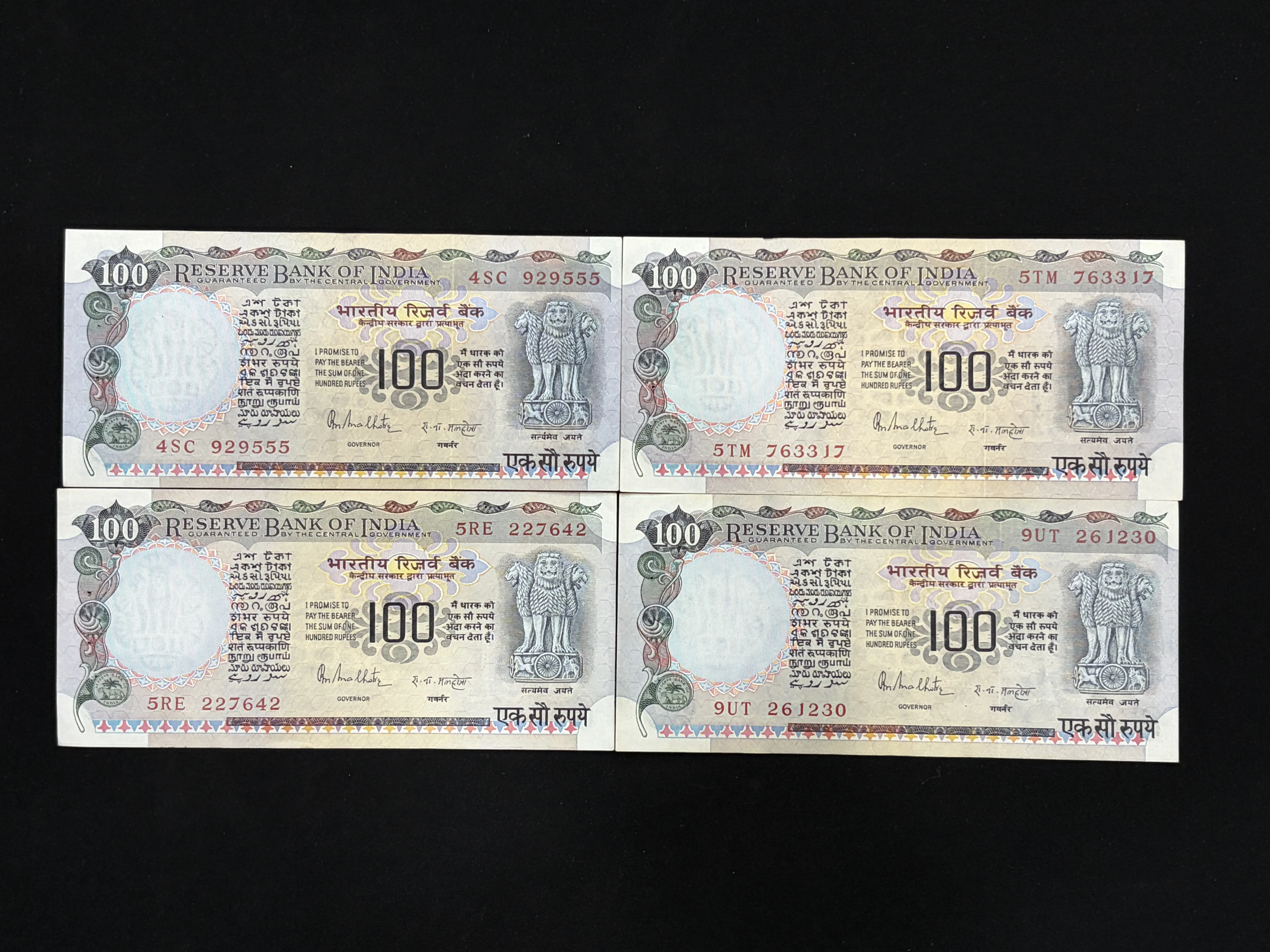 India, Rupees 100 x 4 Banknotes, Cobalt Blue Issue, Sign. R.N. Malhotra, UNC, (4SC 929555)