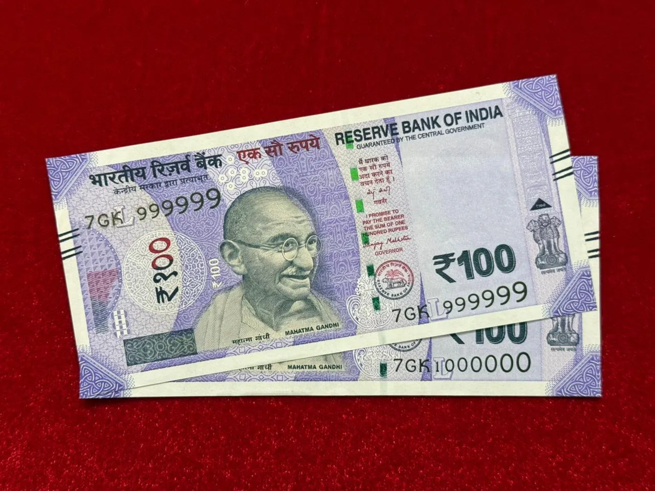 India, 2026 Rupees 100 x 2 Banknotes, Set of Solid Fancy Serial Number 999999 & 1000000 (1 Million), Sign. Sanjay Malhotra, Inset L, UNC, (7GK 999999)