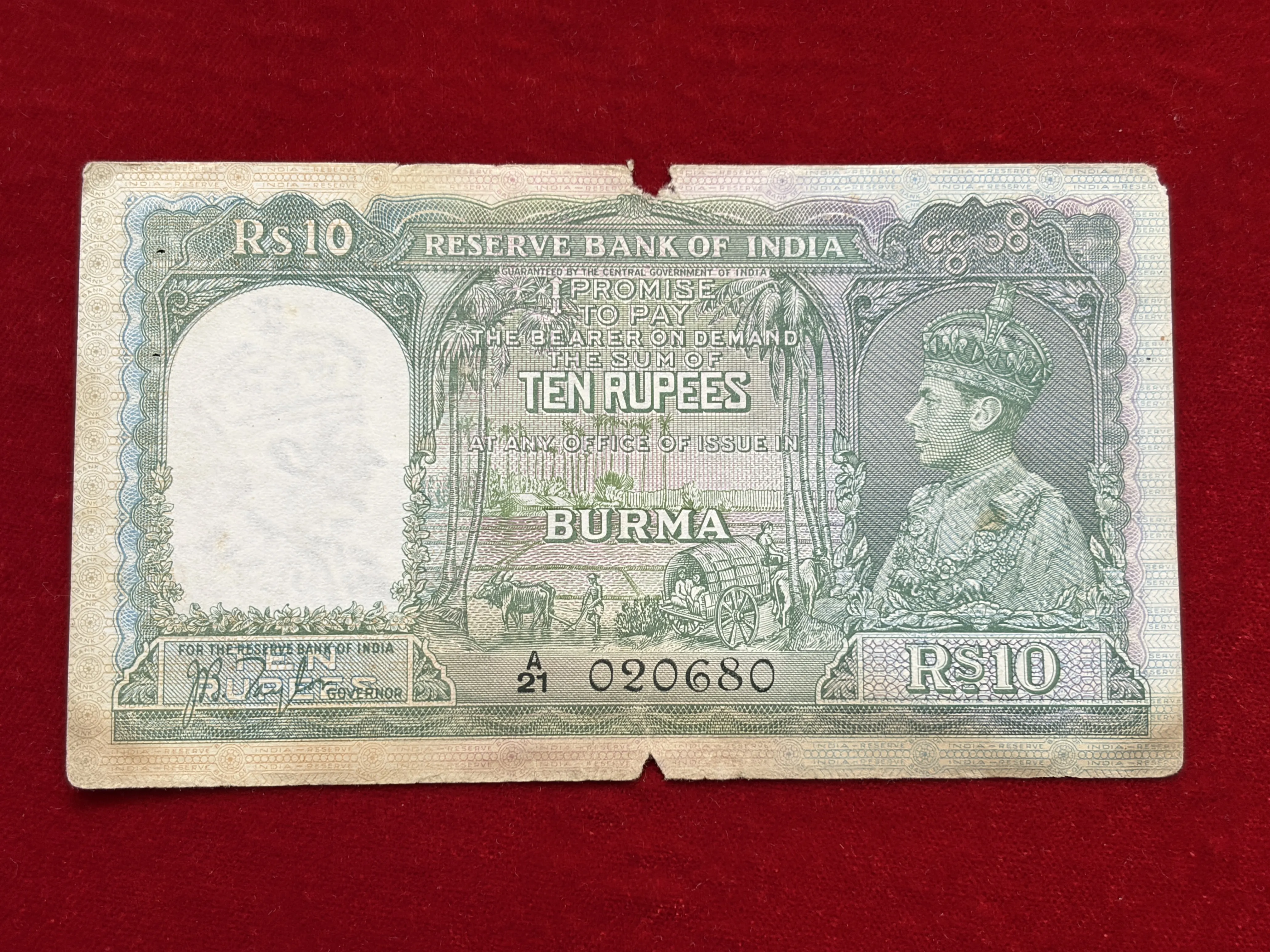 Burma Issue, 1938 Rupees 10 Banknote, Birthday Date Fancy Serial Number 02-06-80, King George VI (KGVI), Sign. J.B. Taylor, BURMA Issue, RARE, (A21 020680)
