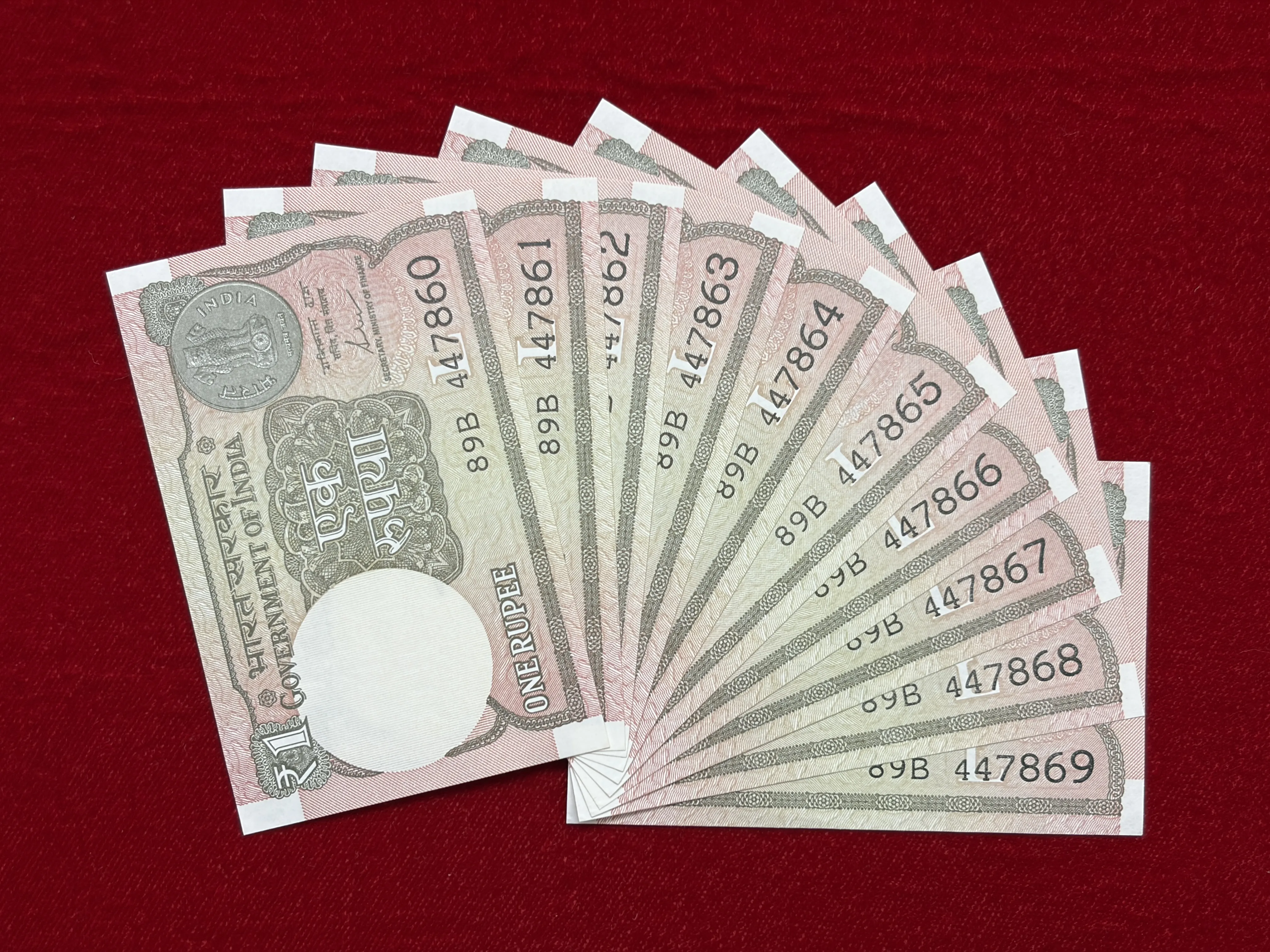 India, 2017 Rupee 1 x 9 Banknotes, Set of Holy Fancy Serial Number Middle 786, Sign. Shaktikanta Das, Inset L, UNC, (89B 447860)