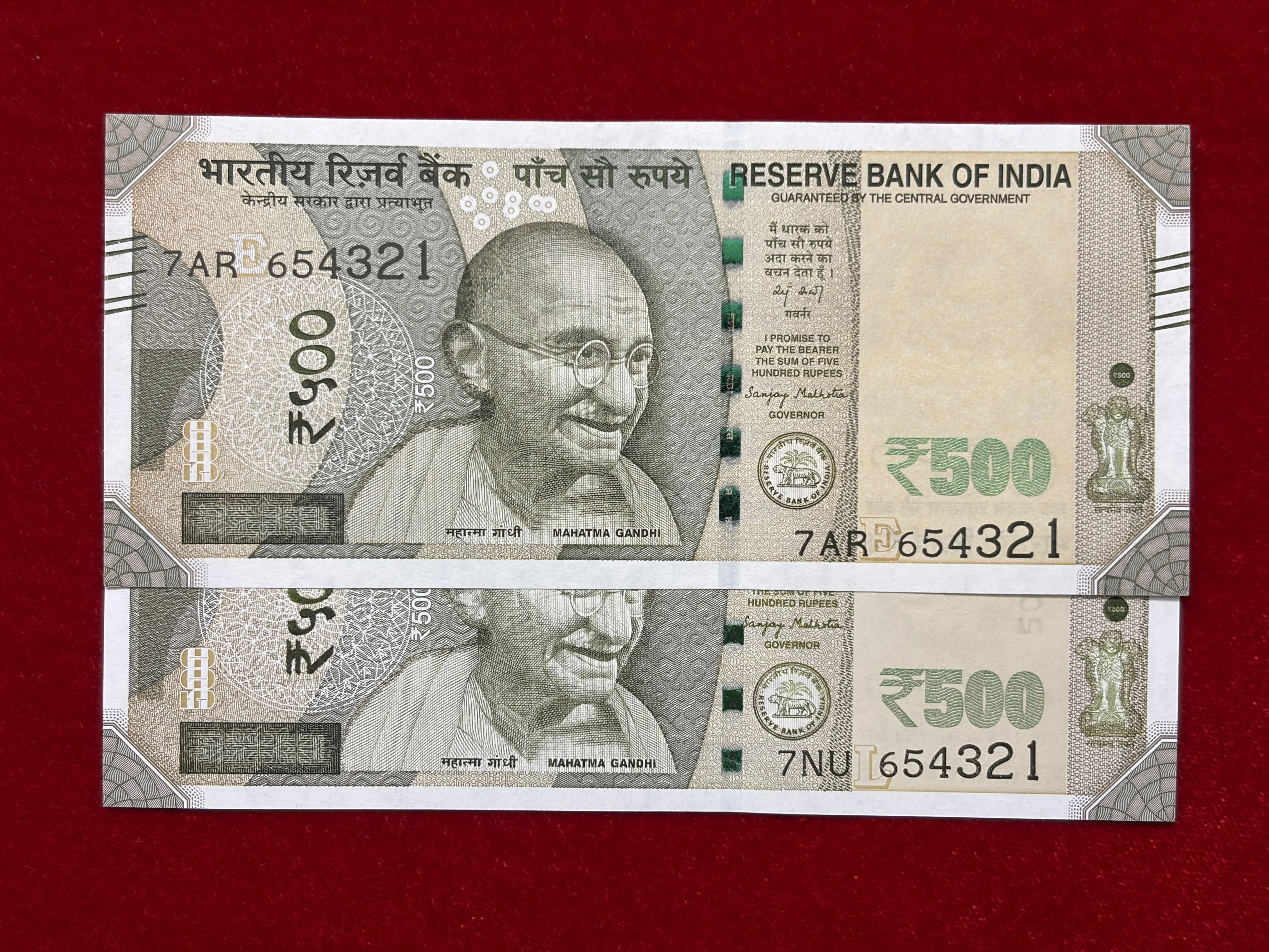 India, 2025 Rupees 500 x 2 Banknotes, Pair of Super Fancy Ladder Serial Number 654321, Sign. Sanjay Malhotra, Inset E & L, UNC, (7AR 654321)