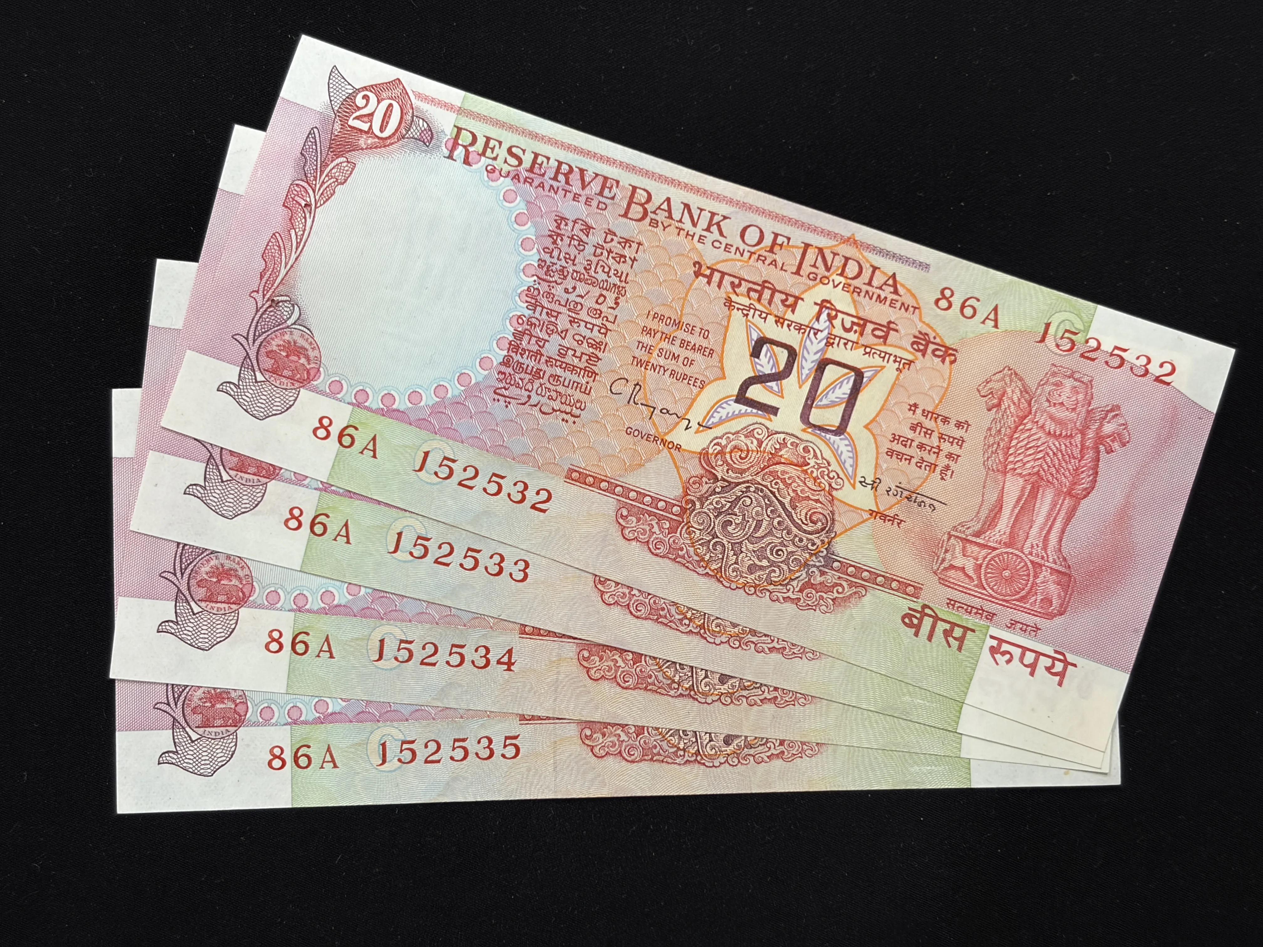 India, Rupees 20 x 4 Consecutive Serial Number Banknotes, Konark Wheel Issue, Sign. C. Rangarajan, Inset C, UNC, (86A 152532)