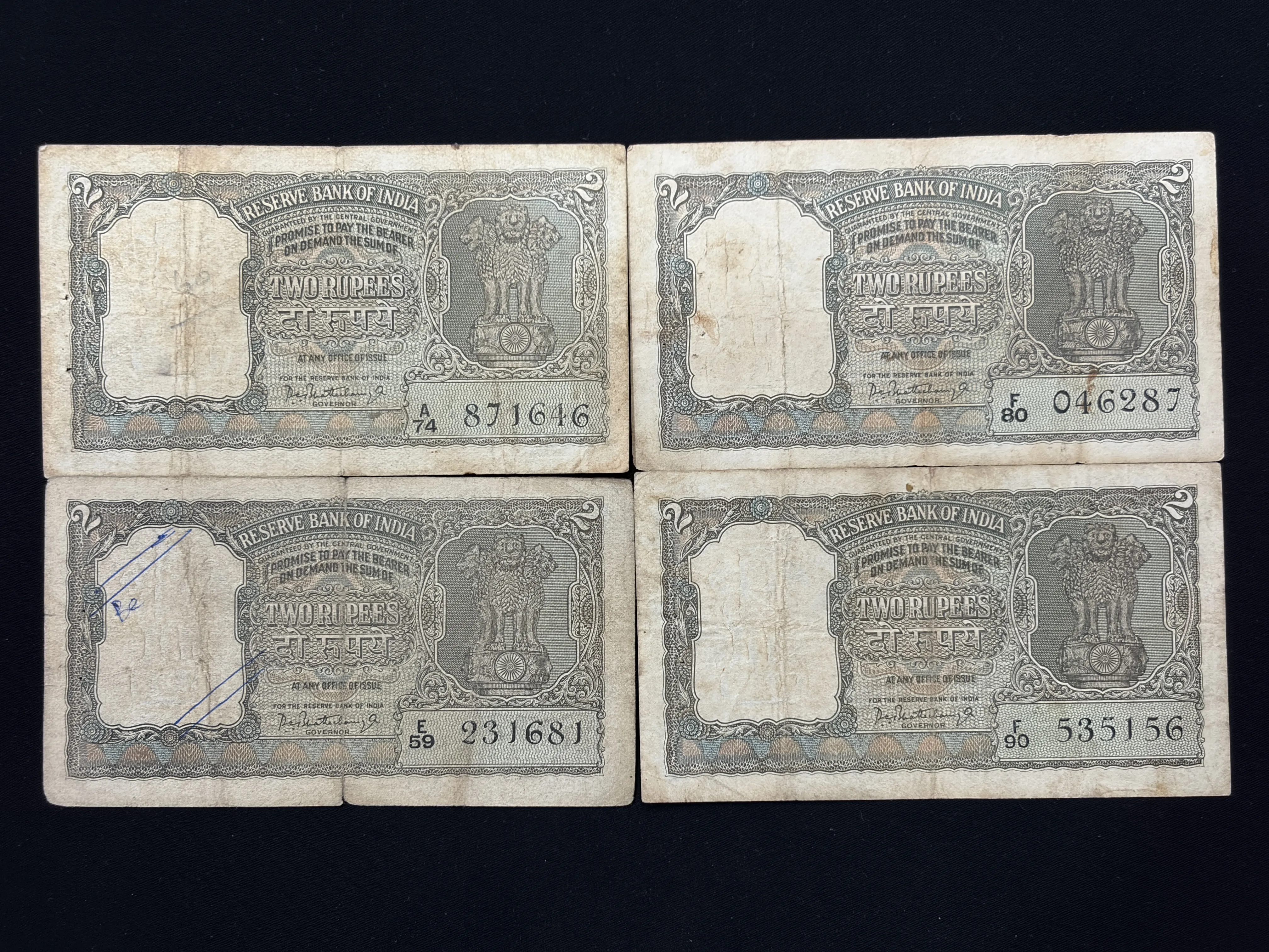 India, Rupees 2 x 3 Banknotes, Olive Green Issue, Sign. P. C. Bhattacharya, Used Condition, (A74 871646)