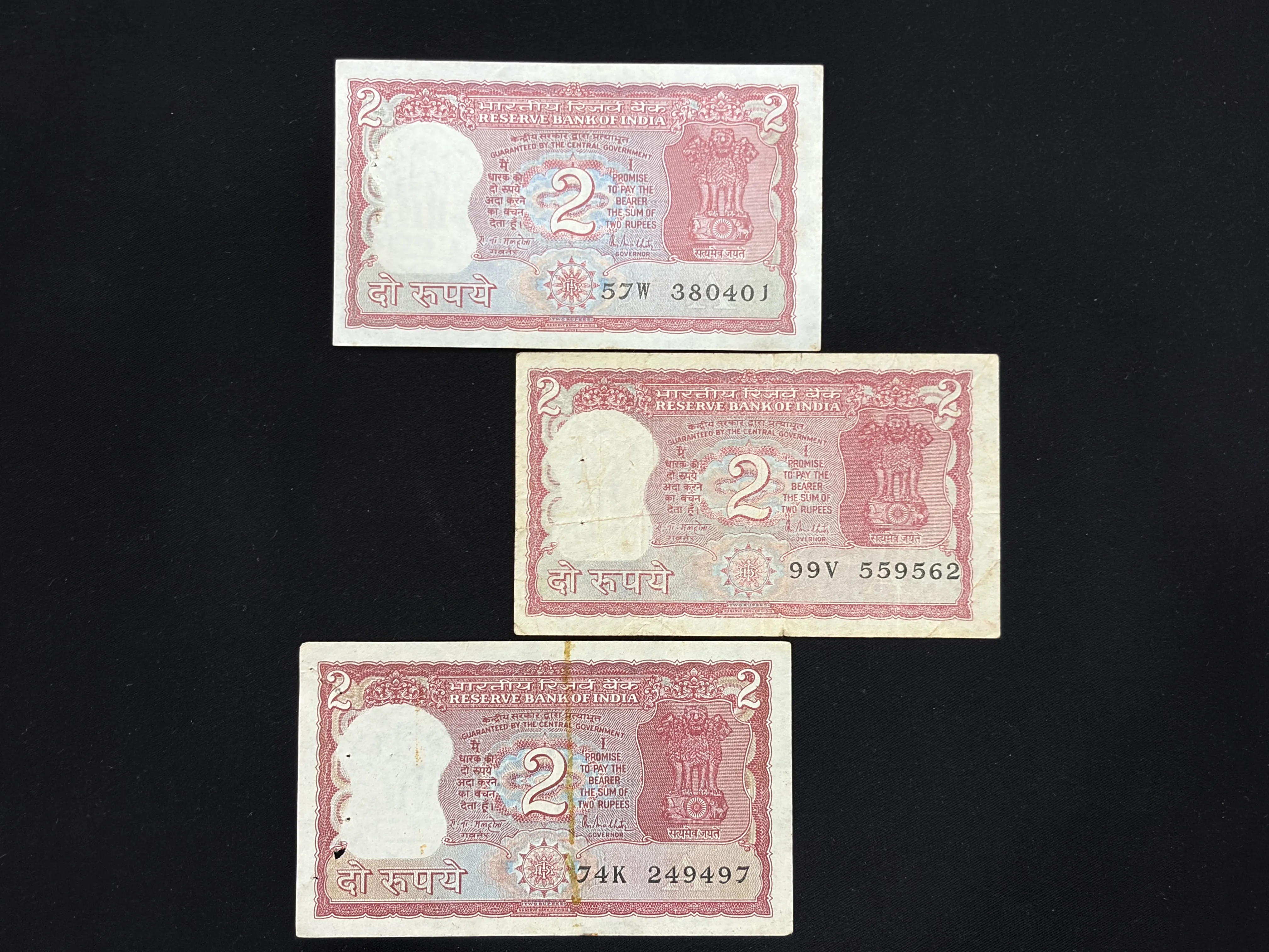 India, Rupees 2 x 3 Banknotes, Standing Tiger Issue, Sign. R.N. Malhotra, Inset A, (57W 380401)