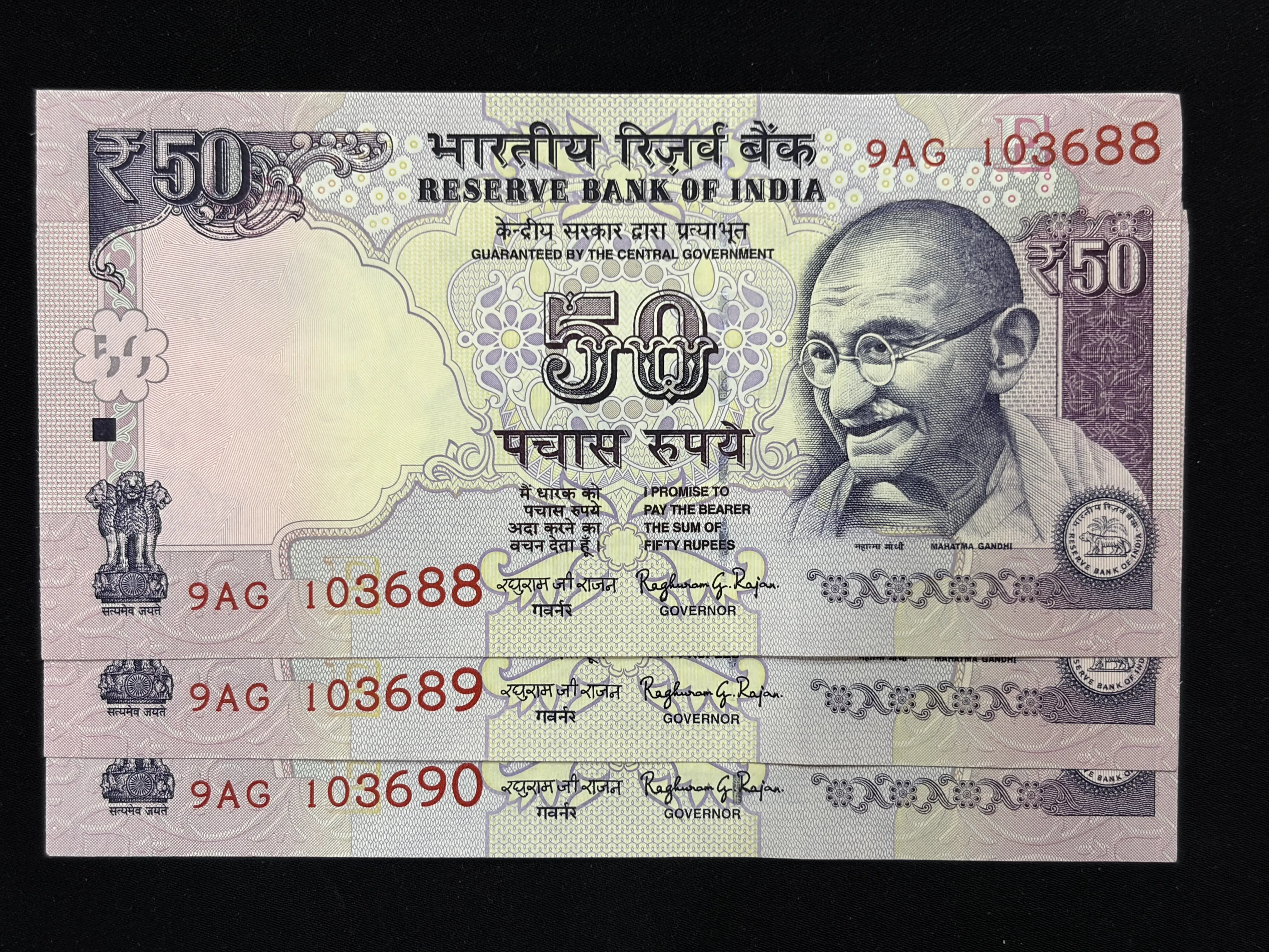 India, 2015 Rupees 50 x 3 Consecutive Serial Number Banknotes, Sign. Raghuram G. Rajan, UNC, RARE, (9AG 103688)