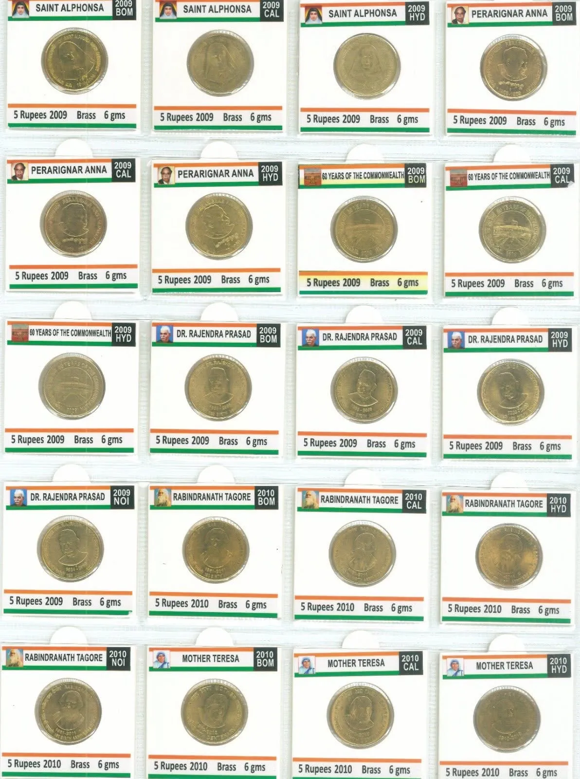 5 Rs. Commemorative Brass Coin Mintwise GEM UNC Set of 120 Coins