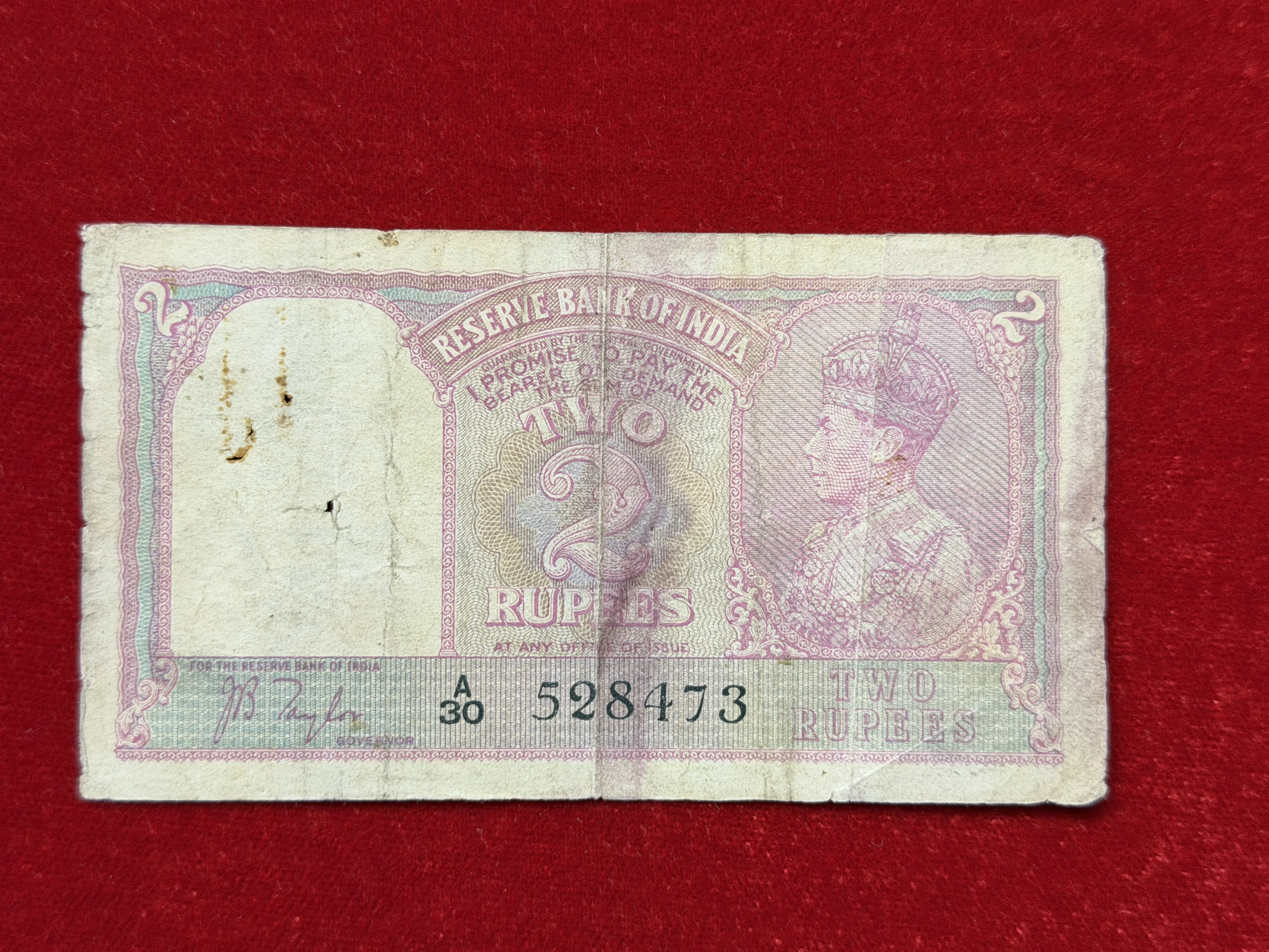British India, 1938 Rupees 2 Banknote, King George VI (KG VI), Sign. J. B. Taylor, (A30 528473)