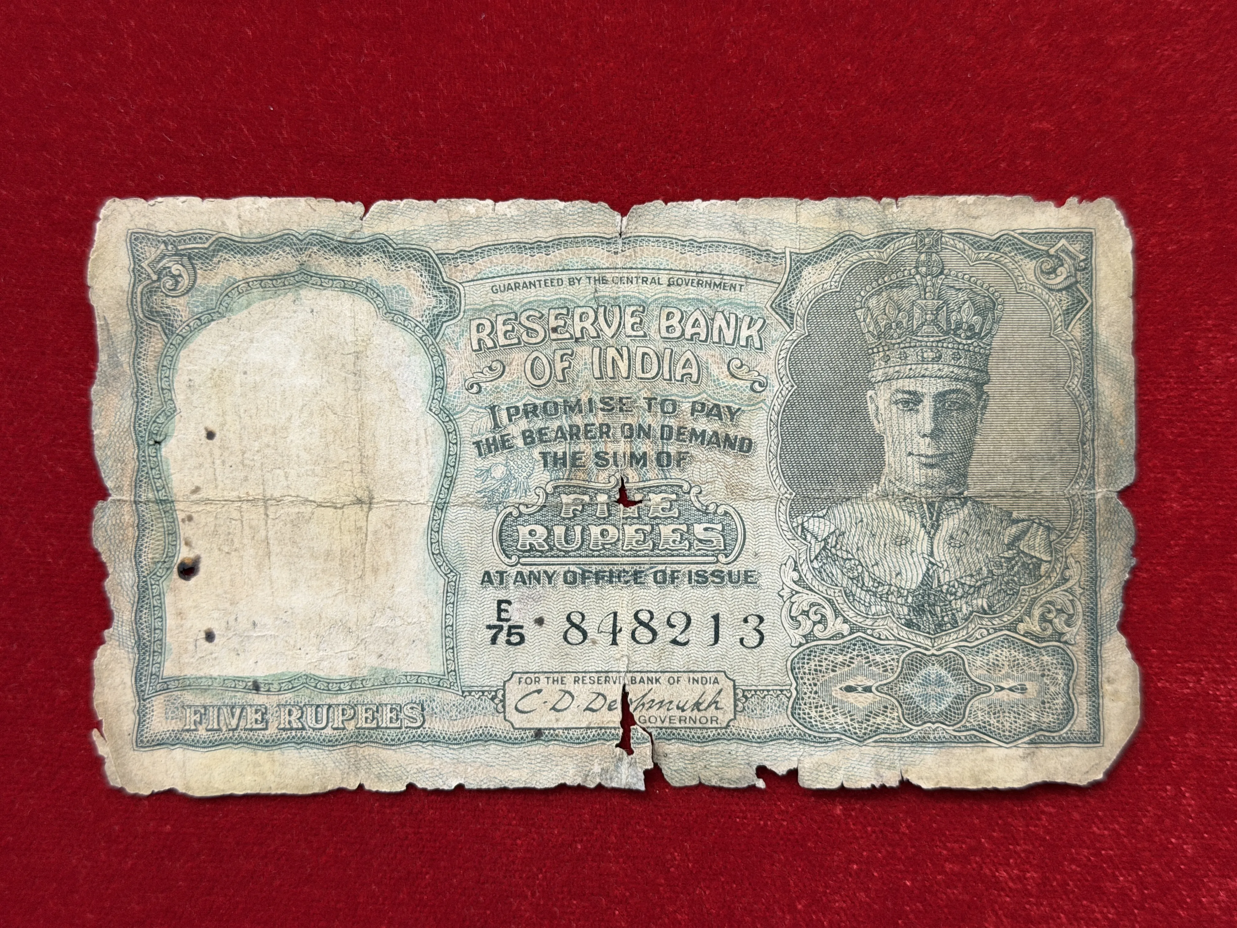 British India, 1944 Rupees 5 Banknote, King George VI (KG VI) Front Face, Sign. C.D. Deshmukh, (E75 848213)