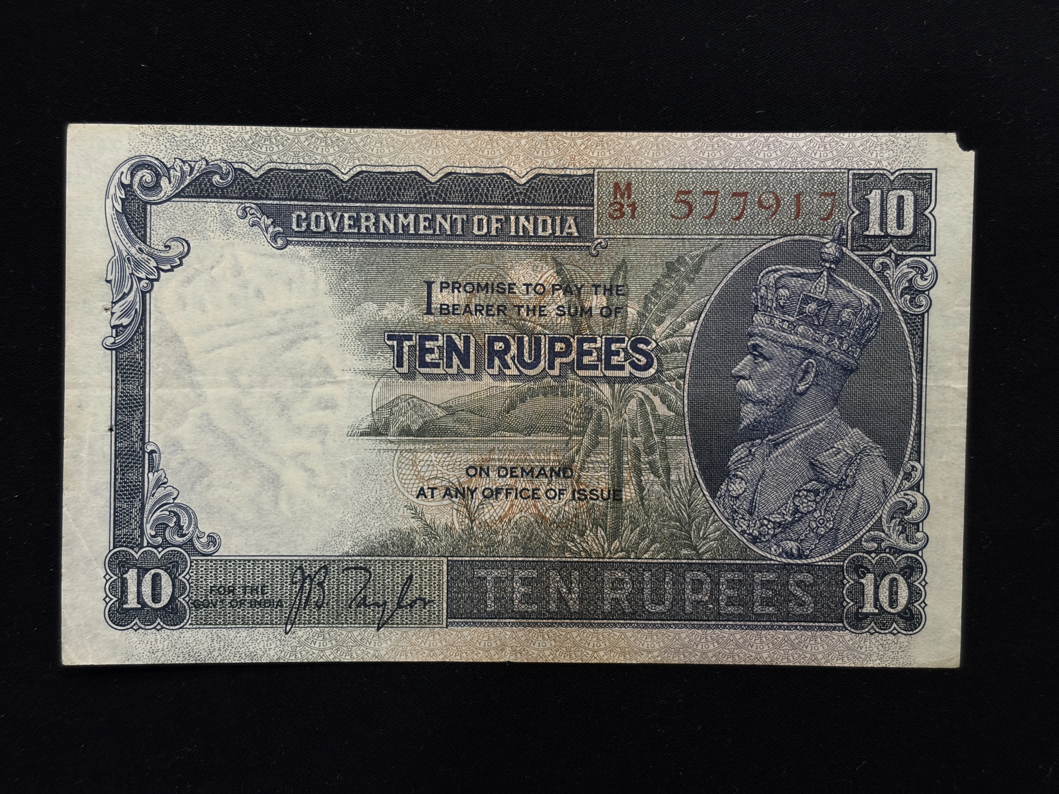 British India, Rupees 10 Banknote, King George V (KG V), Prefix (M31), Sign. J.B. Taylor, RARE, (M31 577917)