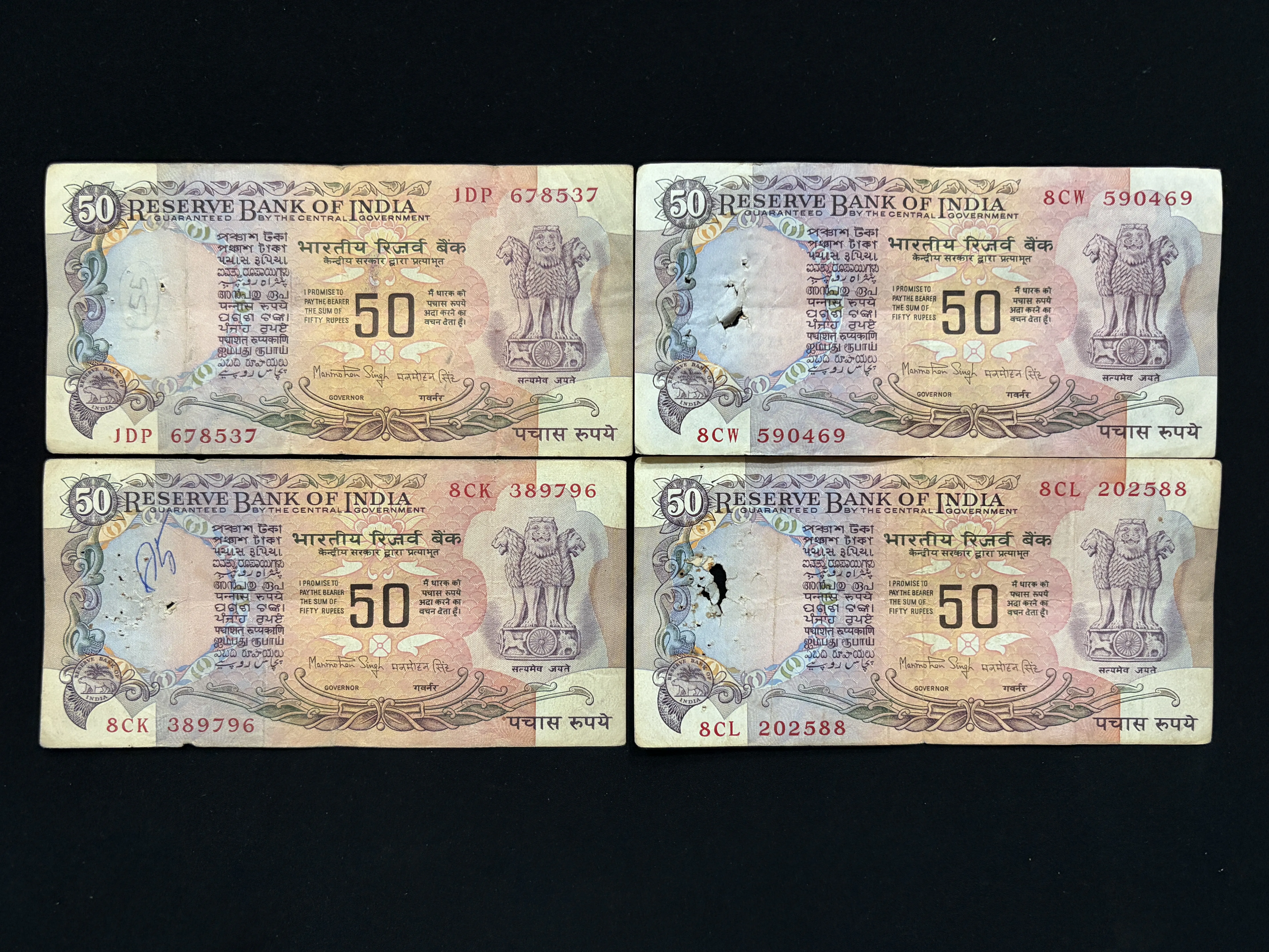 India, Rupees 50 x 4 Banknotes, With Flag Issue, Sign. Manmohan Singh, Inset Plain, Used Condition, (1DP 678537)