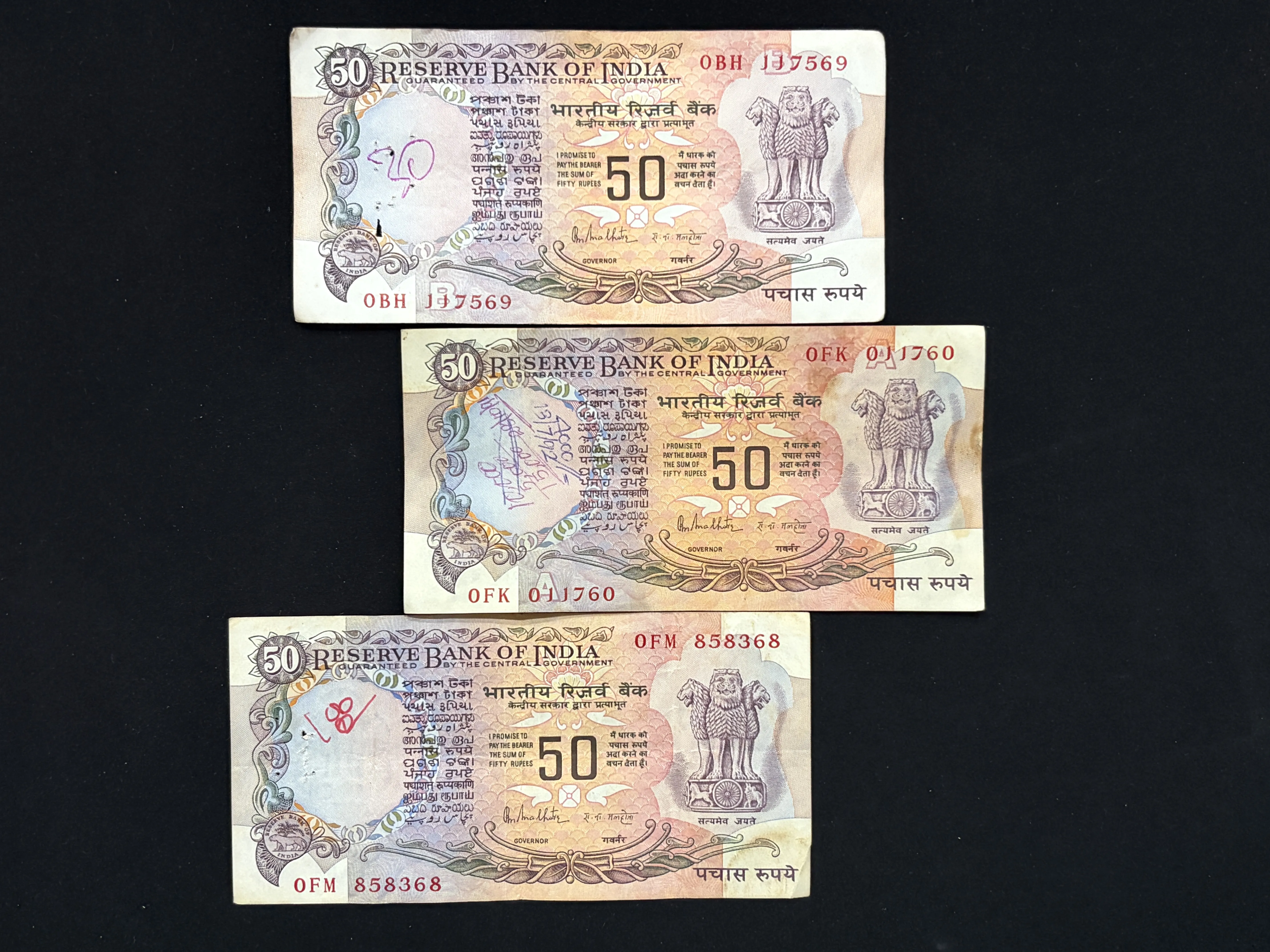 India, Rupees 50 x 3 Banknotes, With Flag Issue, Sign. R.N. Malhotra, Used Condition, (0BH 117569)