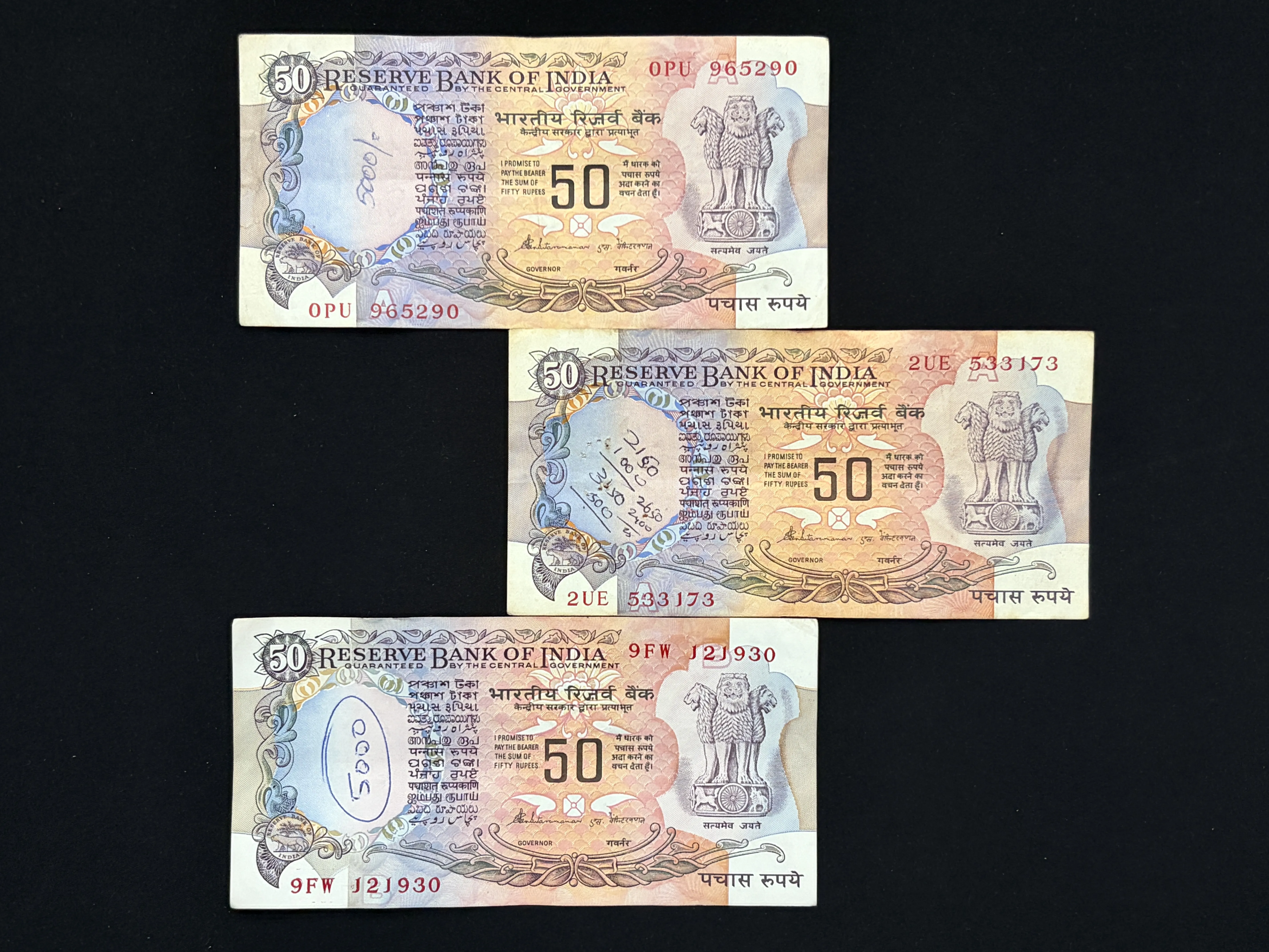 India, Rupees 50 x 3 Banknotes, With Flag Issue, Sign. S. Venkitaramanan, Inset A & B, (0PU 965290)