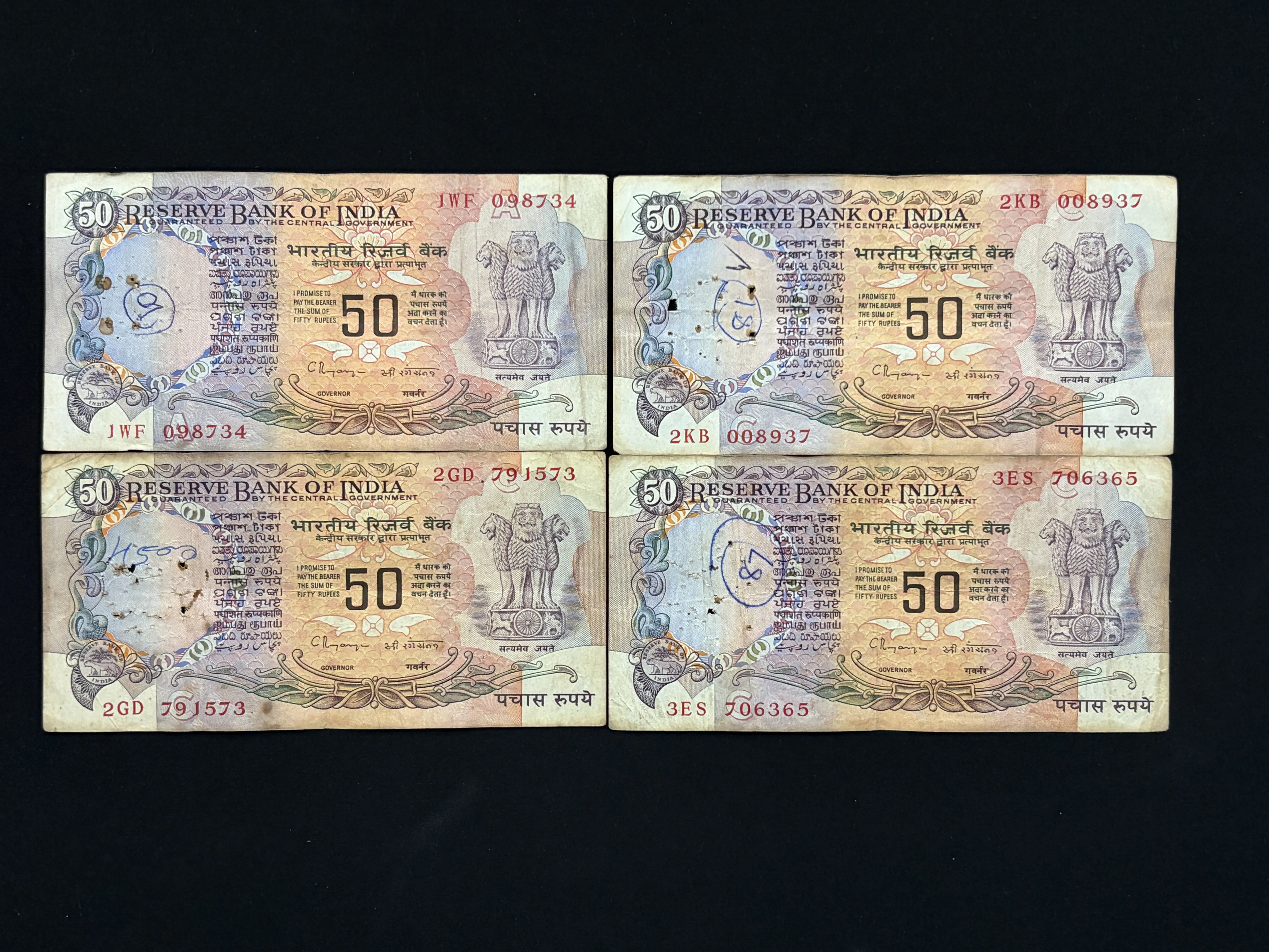 India, Rupees 50 x 4 Banknotes, With Flag Issue, Sign. C. Rangarajan, Inset A & C, Used Condition, (1WF 098734)