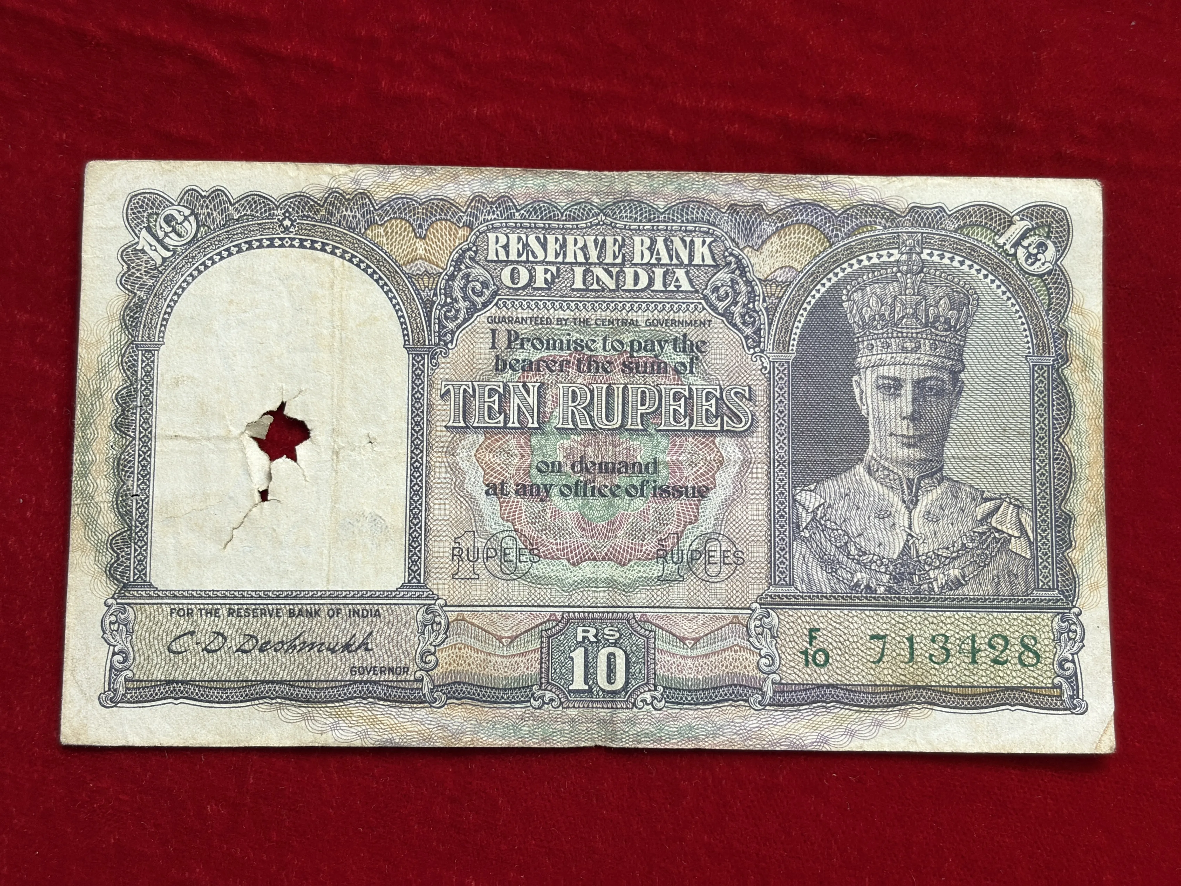 British India, 1944 Rupees 10 Banknote, King George VI (KG VI) Front Face, Sign. C.D. Deshmukh, (F10 713428)