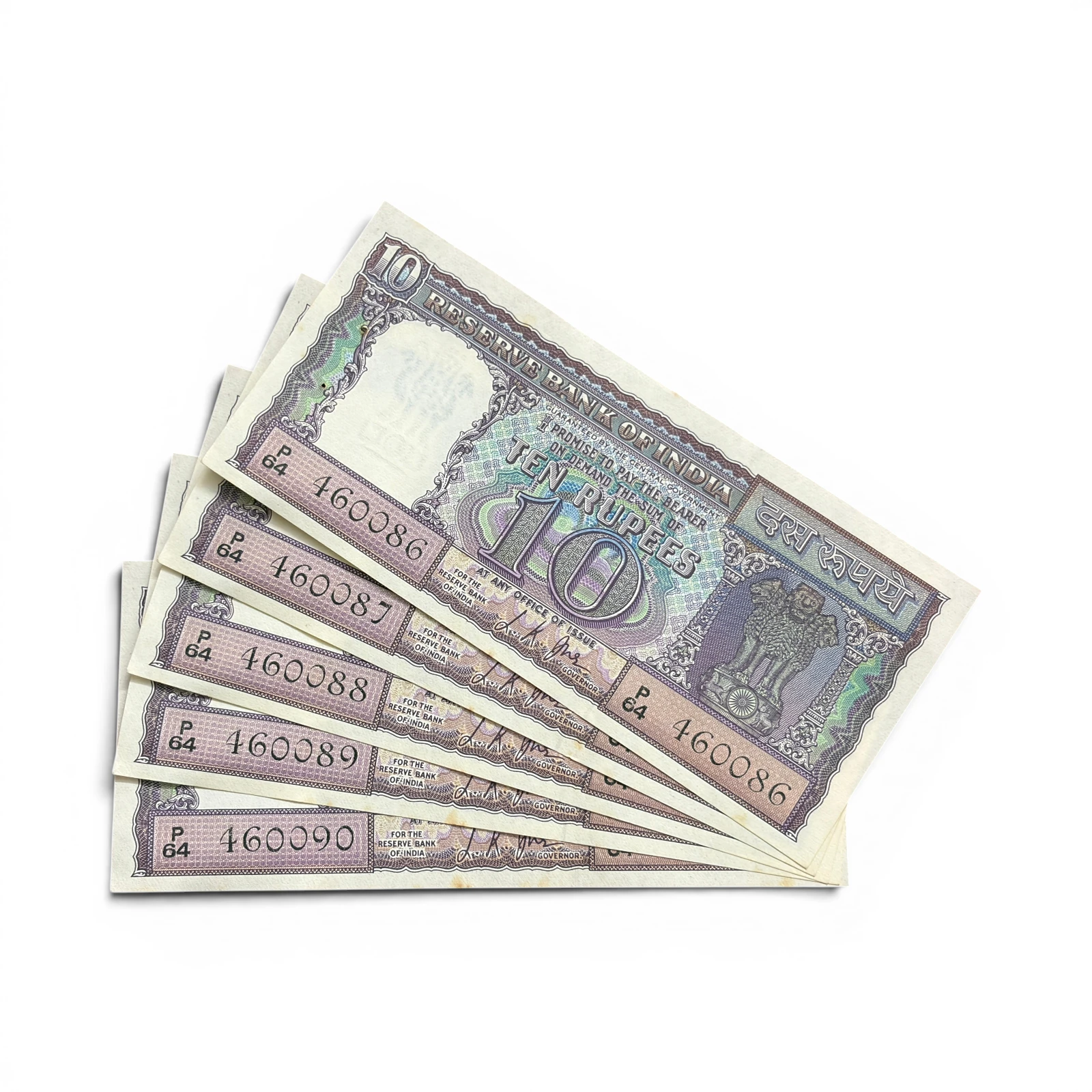 India, Rupees 10 x 5 Consecutive Serial Number Banknotes, Diamond Issue, Sign. L.K. Jha, (P64 460086)
