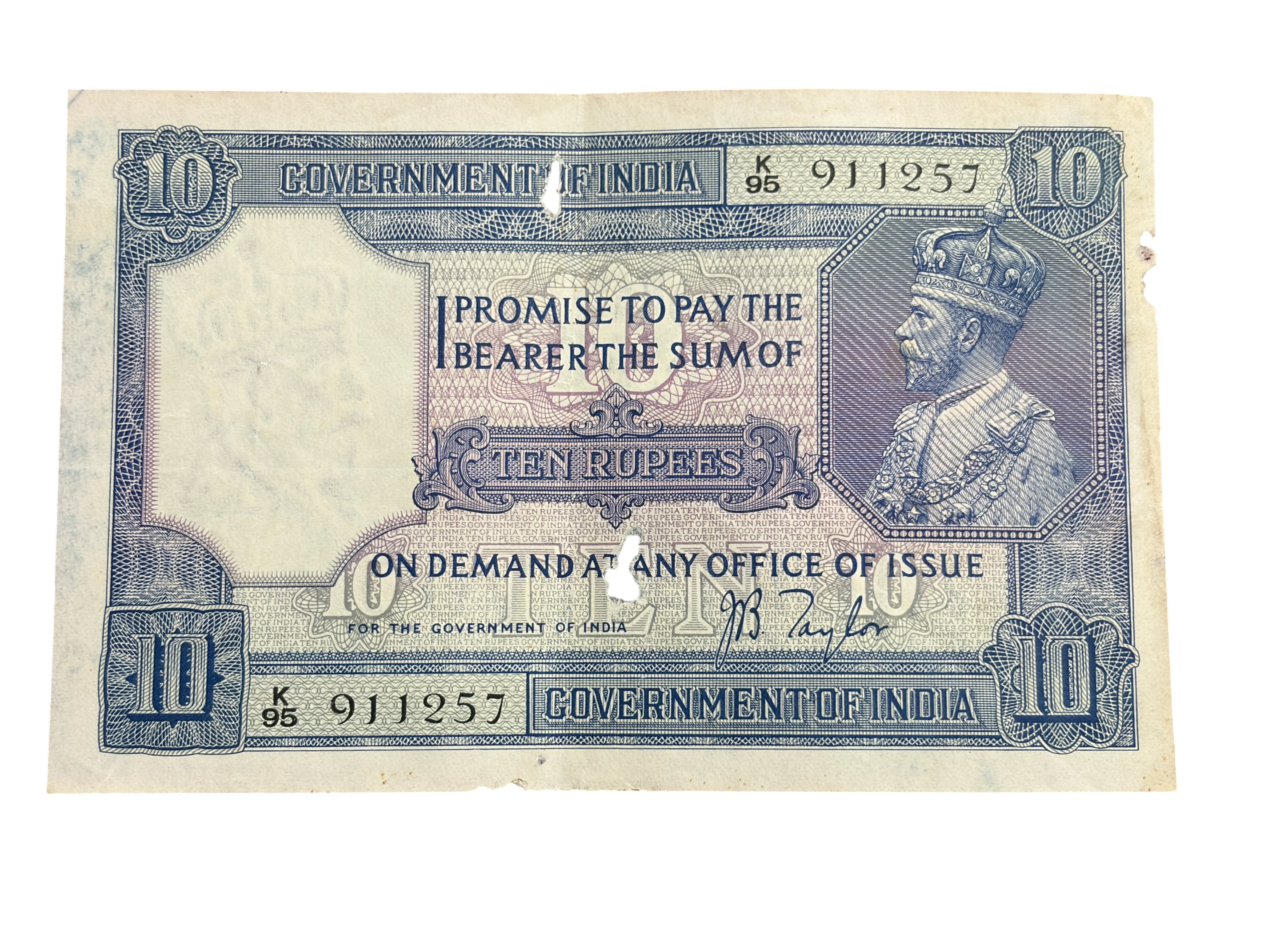 British India, 1926 Rupees 10 Banknote, King George V (KG V), Sign. J.B. Taylor, (K95 911257)