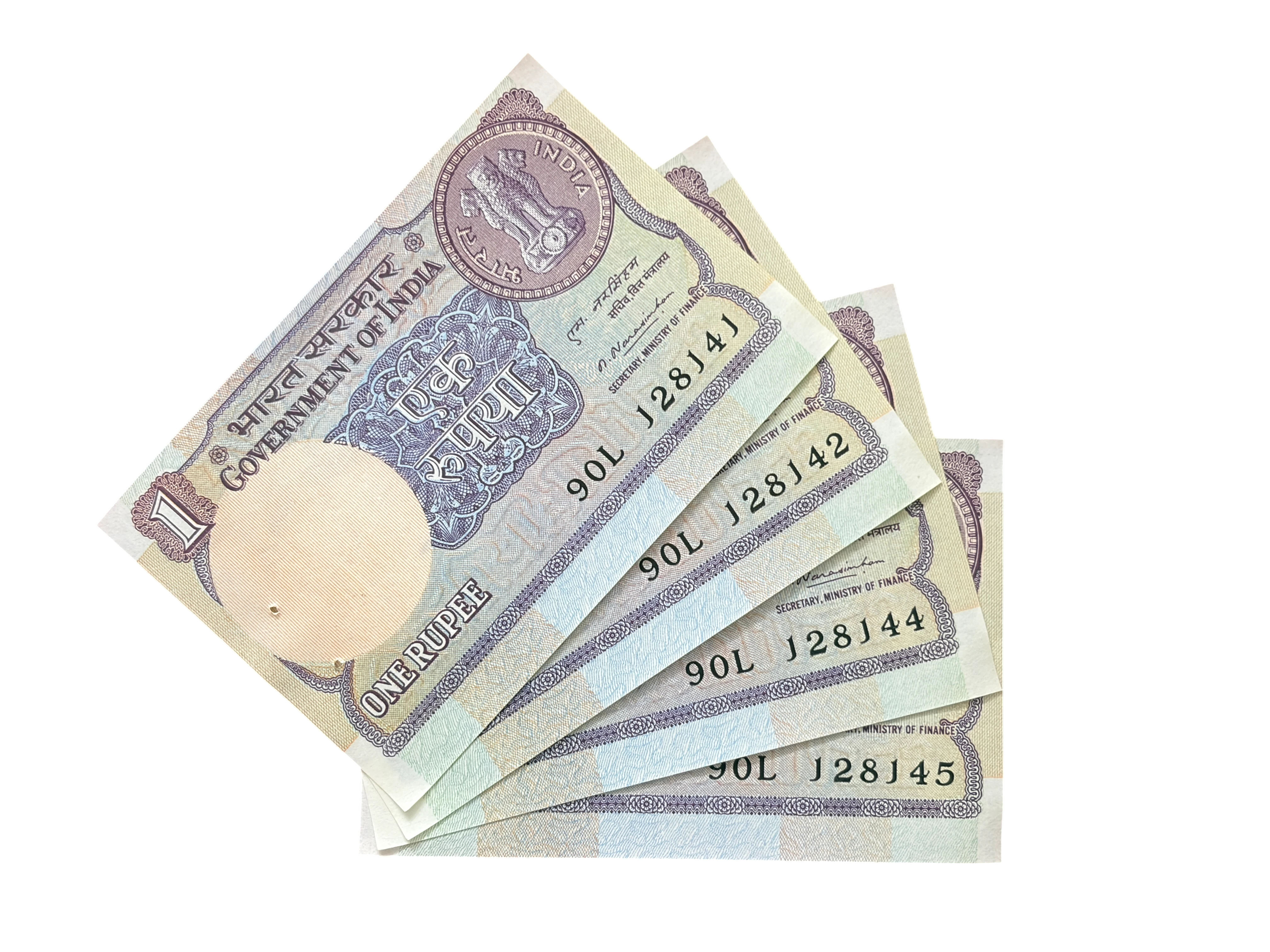 India, 1981 Rupee 1 x 4 Consecutive Serial Banknotes, Sign. M. Narasimham, UNC, (90L 128141)