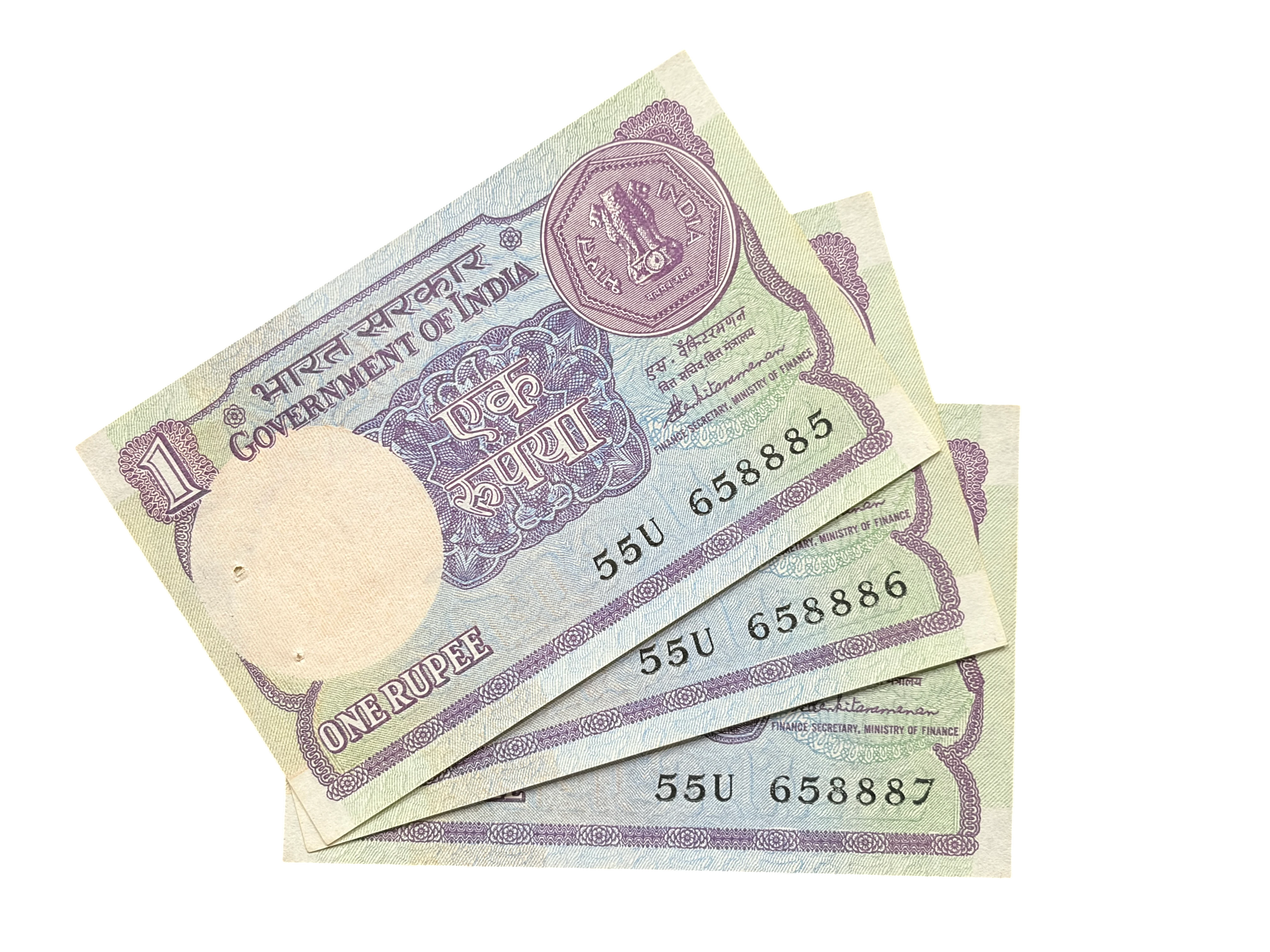 India, 1985 Rupee 1 x 3 Consecutive Serial Number Banknotes, Sign. S. Venkitaramanan, Inset Plain, UNC, (55U 658885)